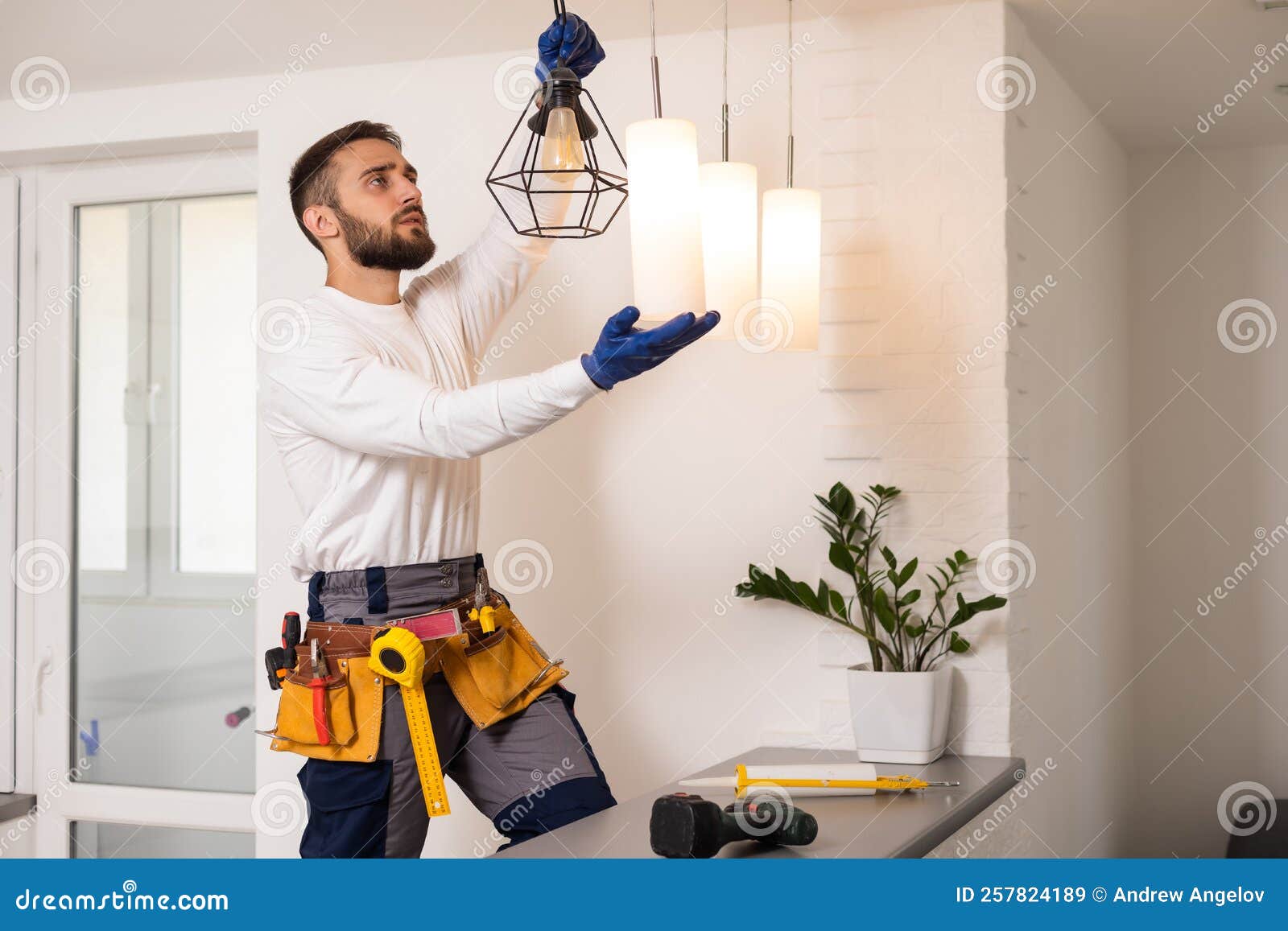 Electrician Worker Installation Electric Lamps Light Inside Apartment ...