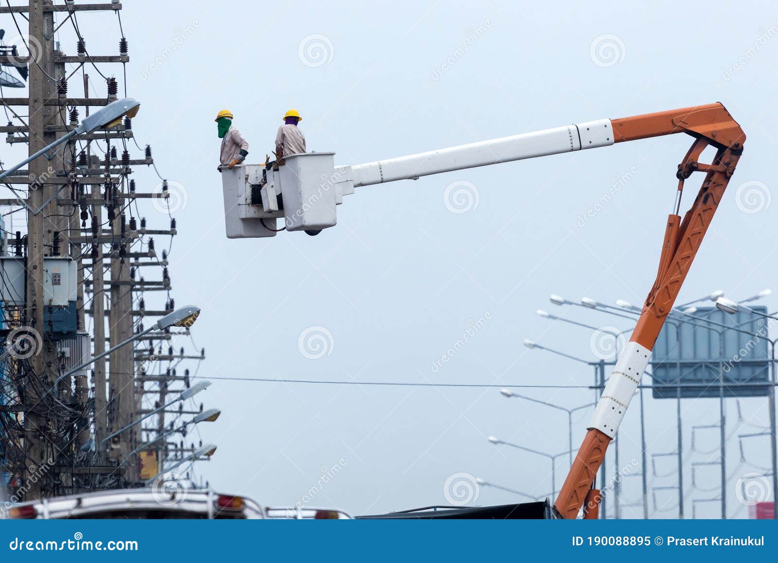 Electrician Working on Electric Pole with Bucket Hydraulic Lifting Platform Stock Image Image