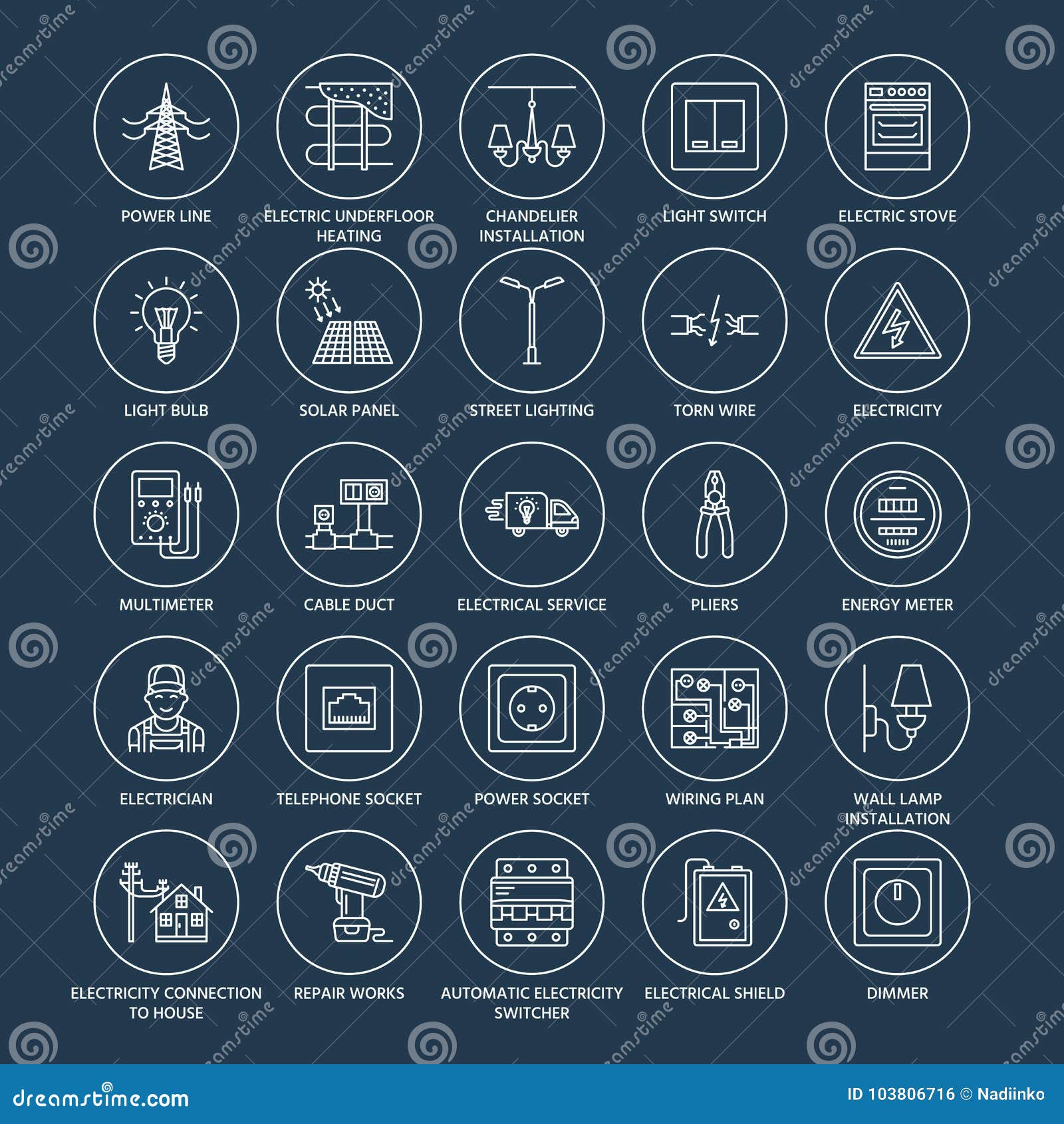 electricity engineering  flat line icons. electrical equipment, power socket, torn wire, energy meter, lamp