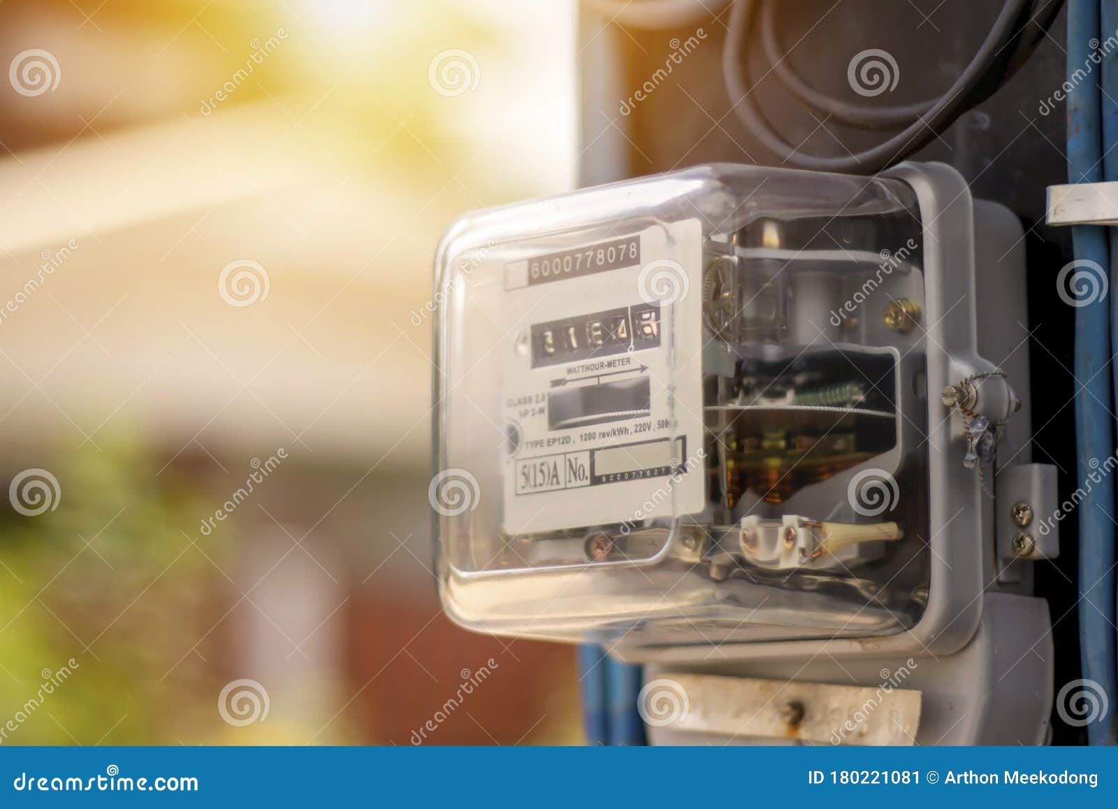 electricity meters for home electrical appliances, including blurred natural green backgrounds.
