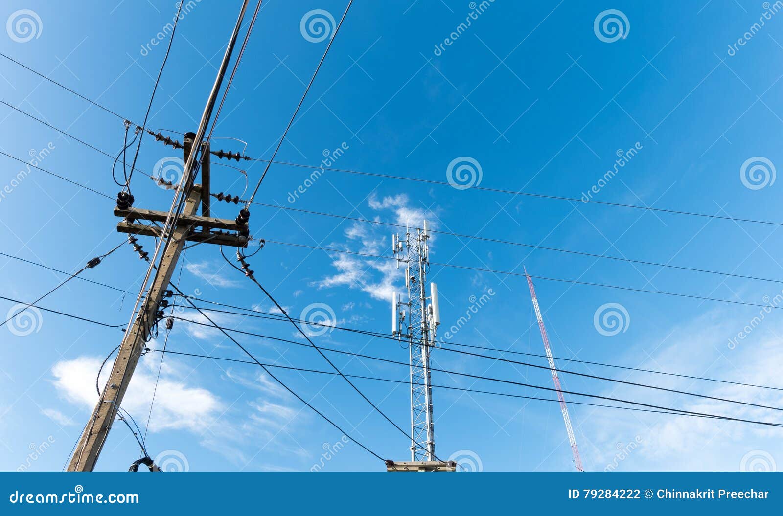 The Electricity Pole with the Electric Line and Tower