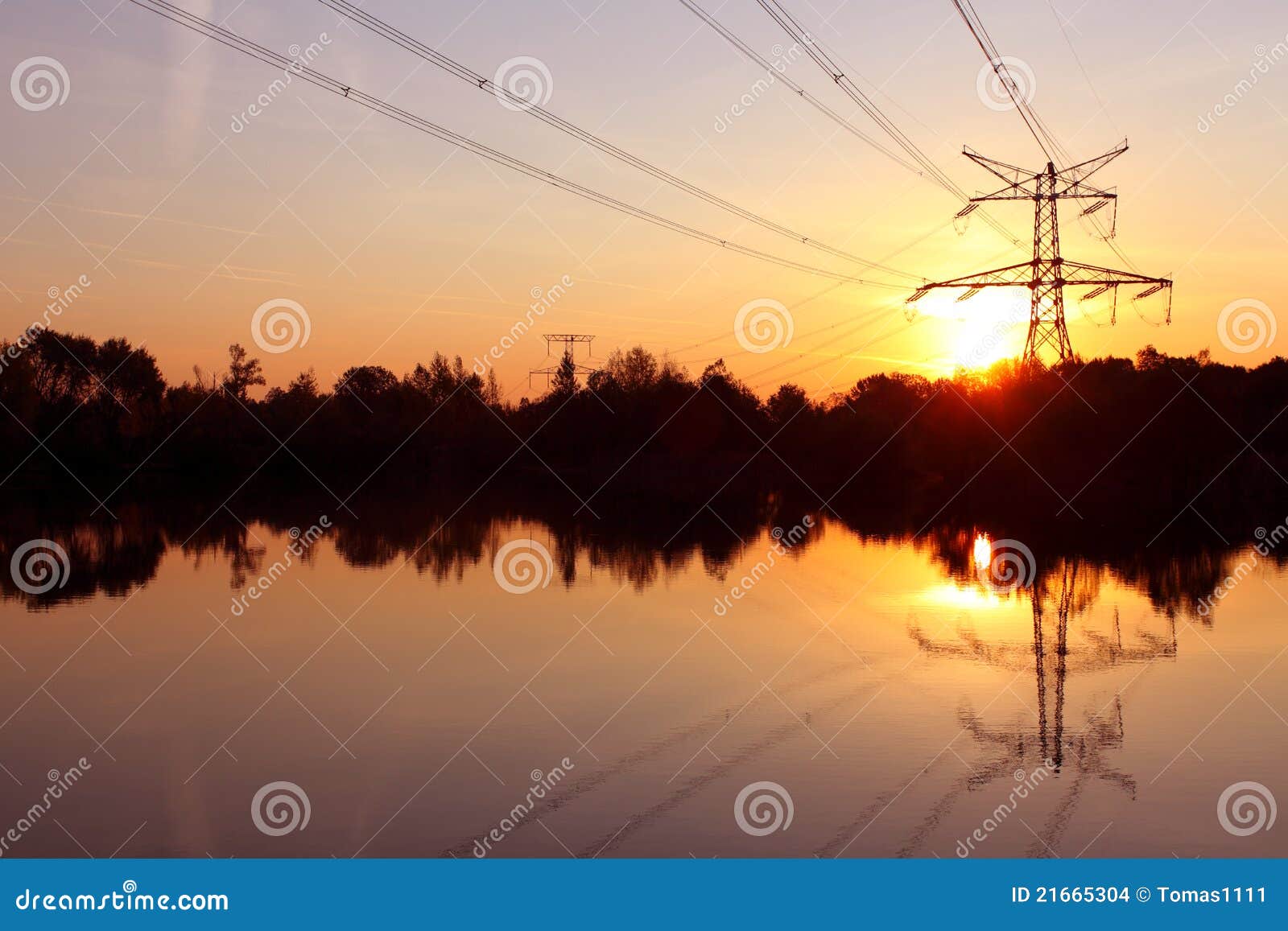 Electricity Pylon with Reflection in Water Stock Photo Image of scene