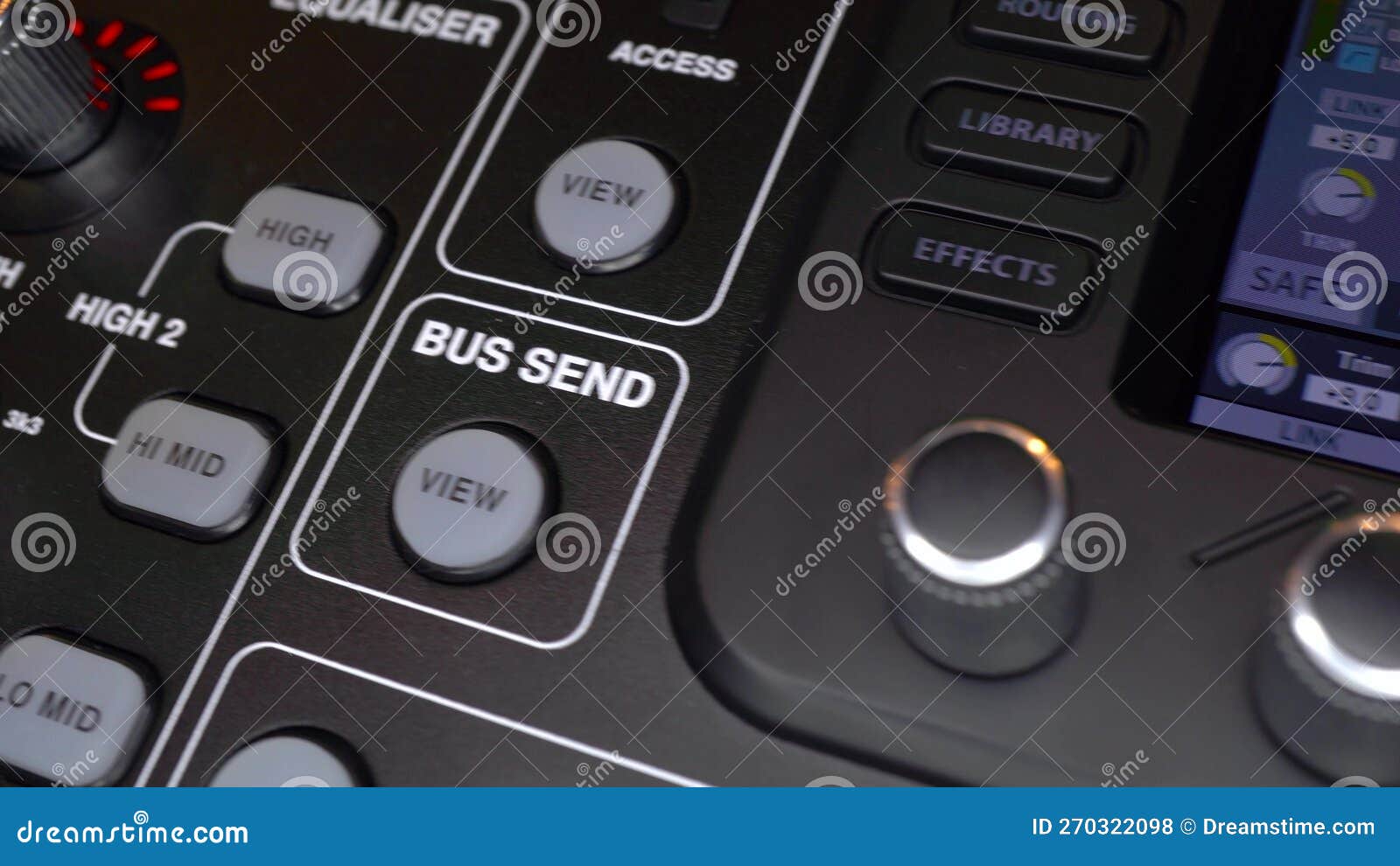 Electronic Audio Mixer Closeup. Sound Control Panel. Panel with Macro