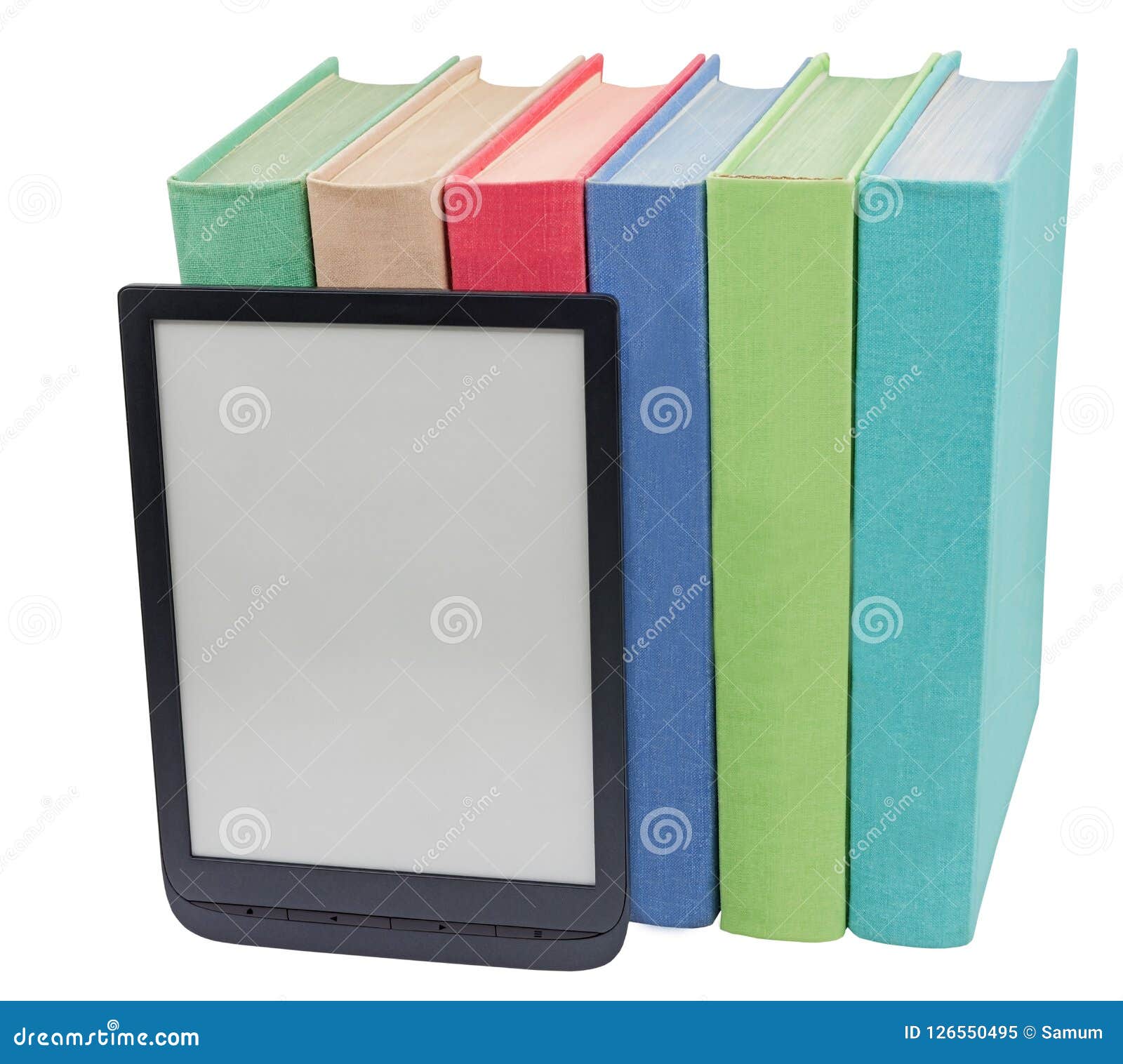 Electronic Book Reader and Book on White Stock Image Image of
