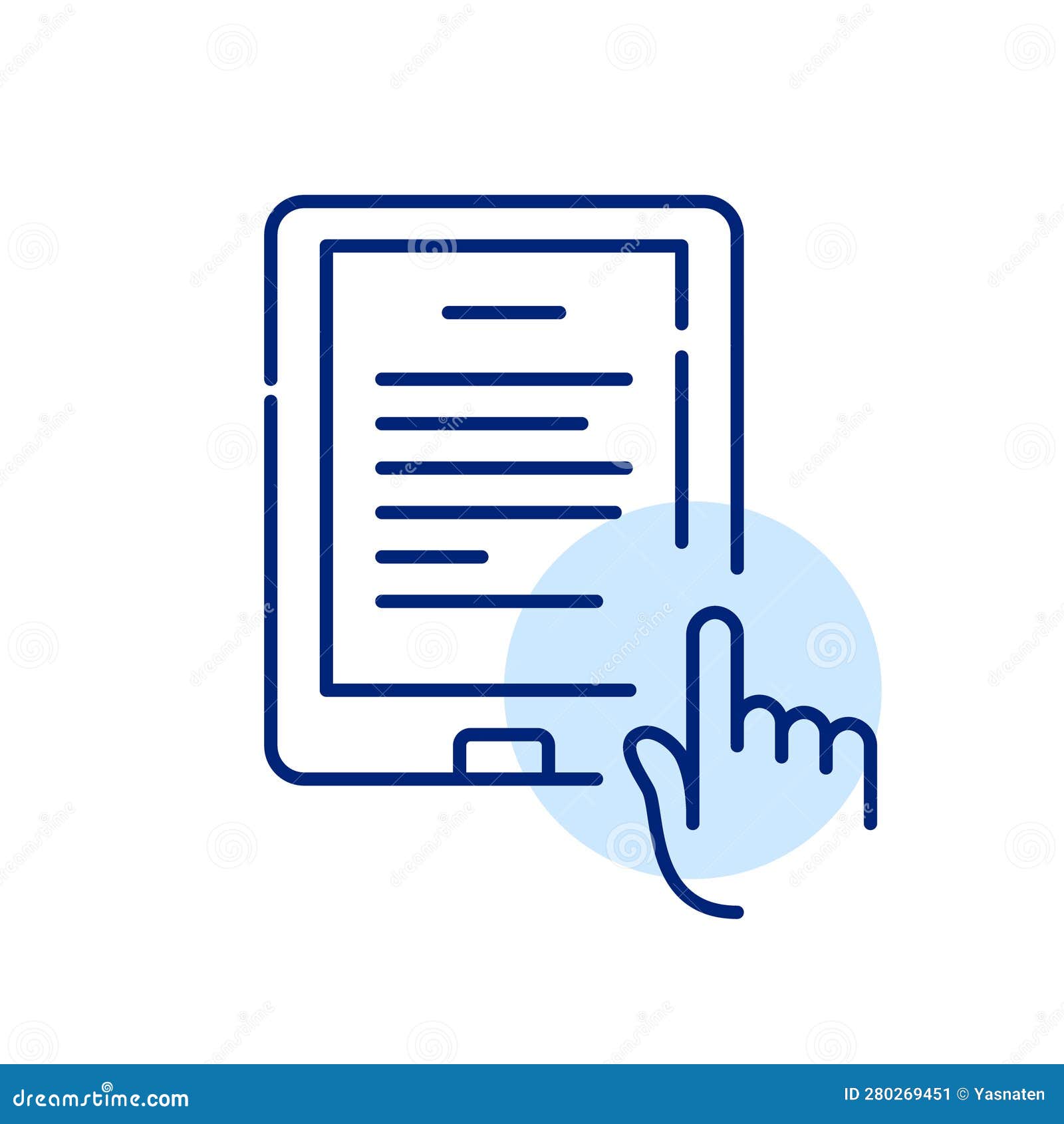 Electronic Books Reader Device with Text on Screen. Finger Tapping on Touch Screen Stock Vector
