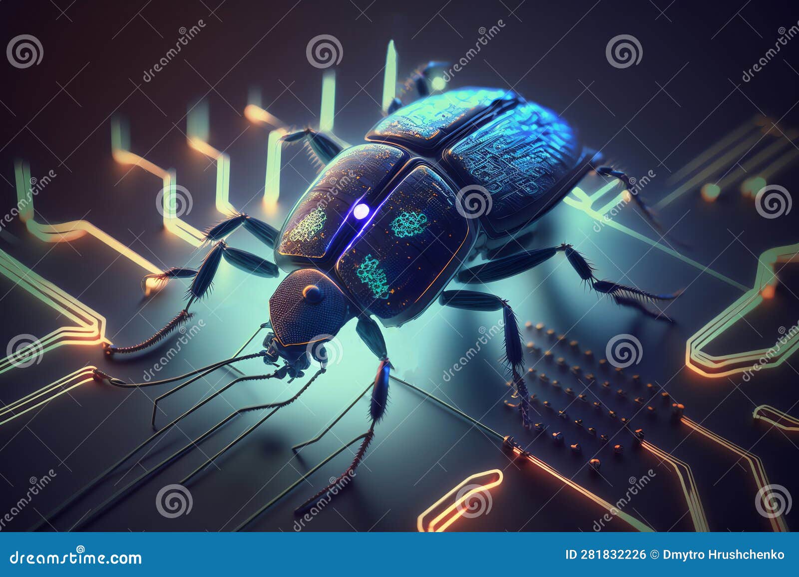 Electronic Bug on Circuit. Computer Virus Concept. Spy Bug. Generative AI. Stock Photo Image of micro futuristic 281832226