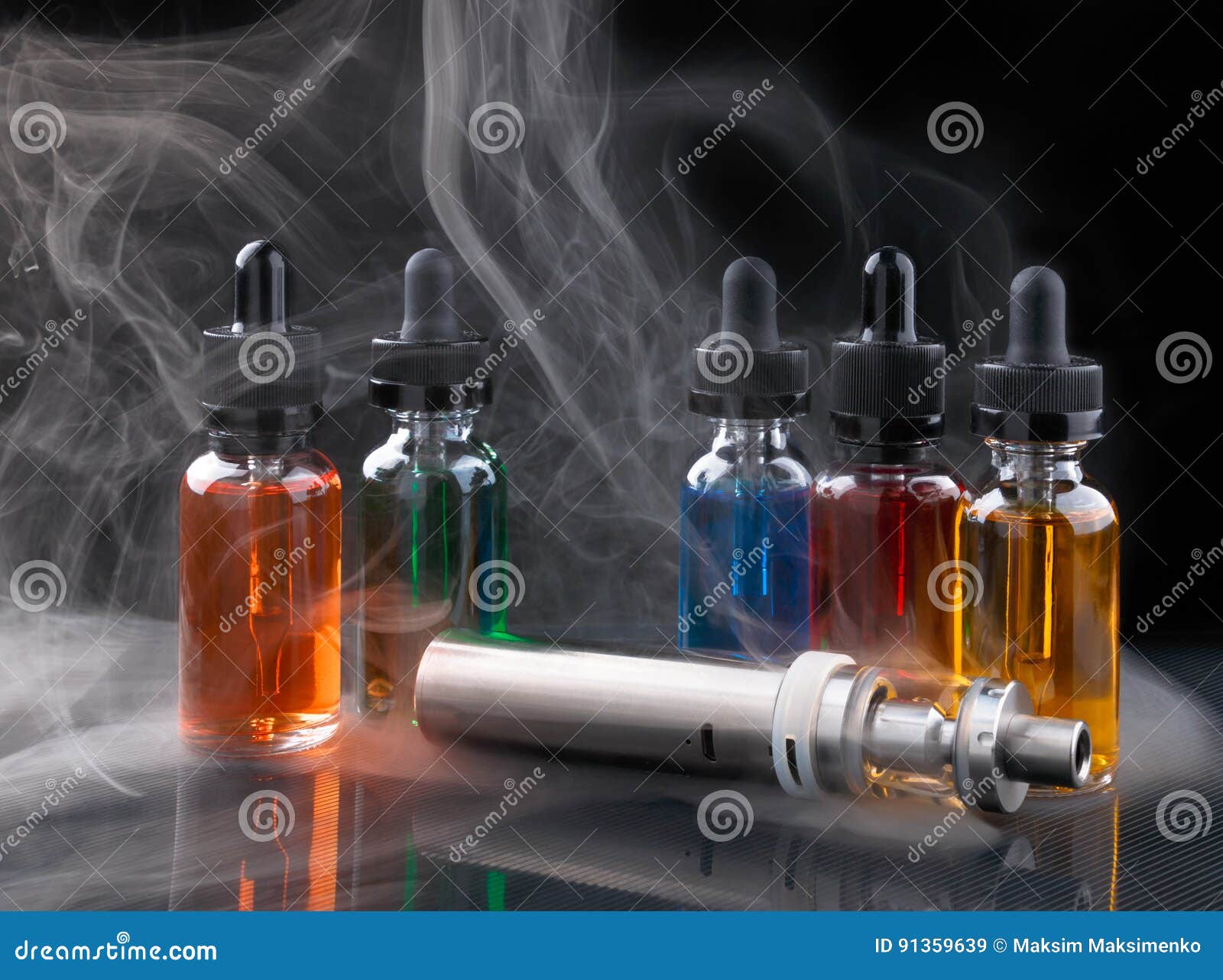 Electronic Cigarette and Vape Liquids within Vapor on Black Background