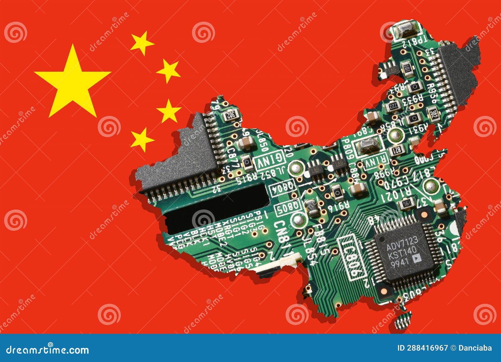Electronic Circuit Board with Microchips in Form of Map of China Over