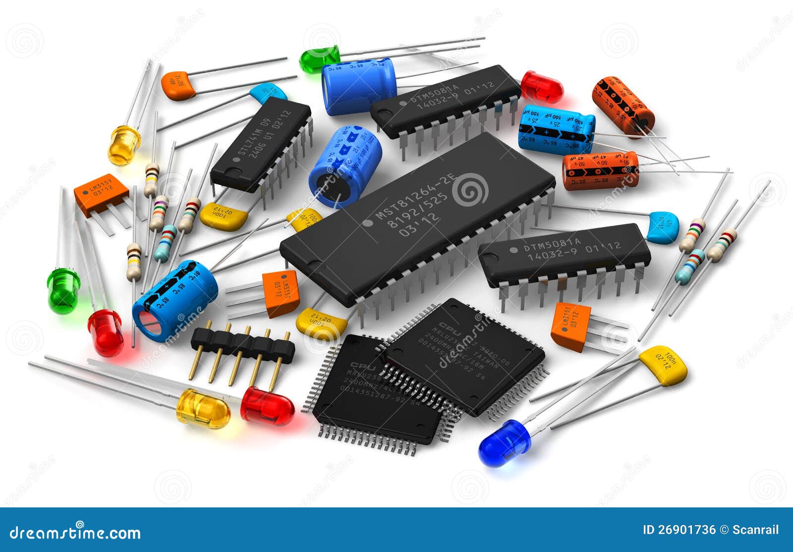 Group of various electronic components: microprocessors, logical
