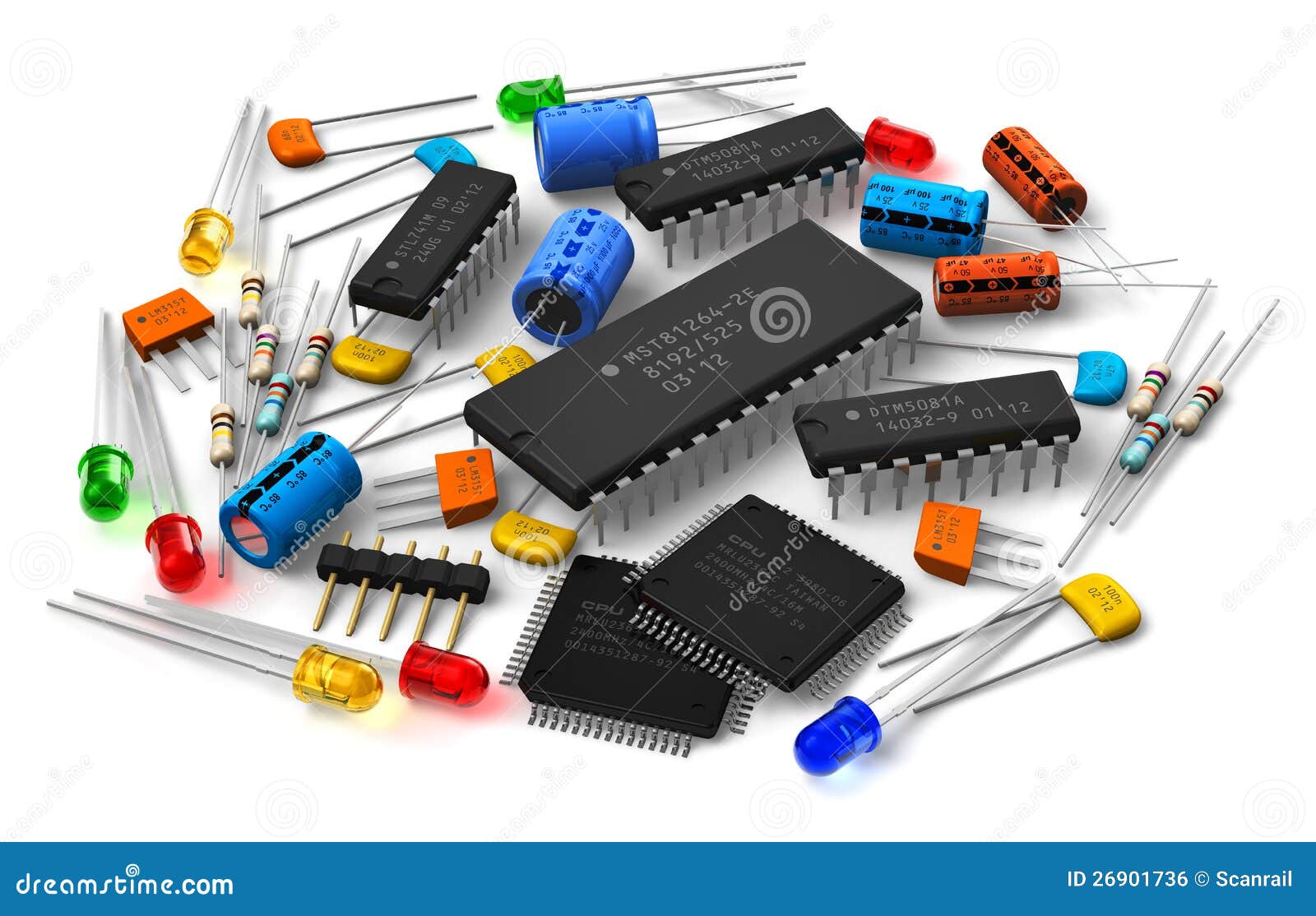 Group of various electronic components: microprocessors, logical 