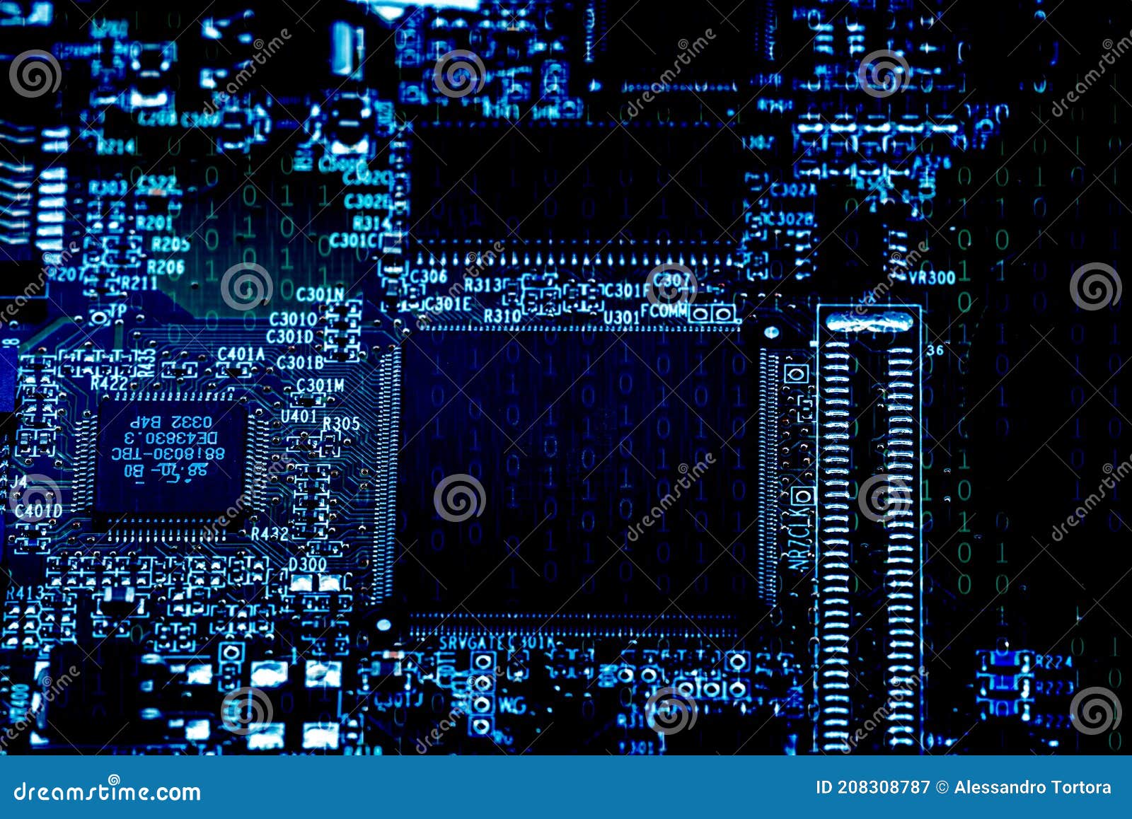 electronic components of an hard disk with circuits and micro chips with overlayed  of binary code in isometric style
