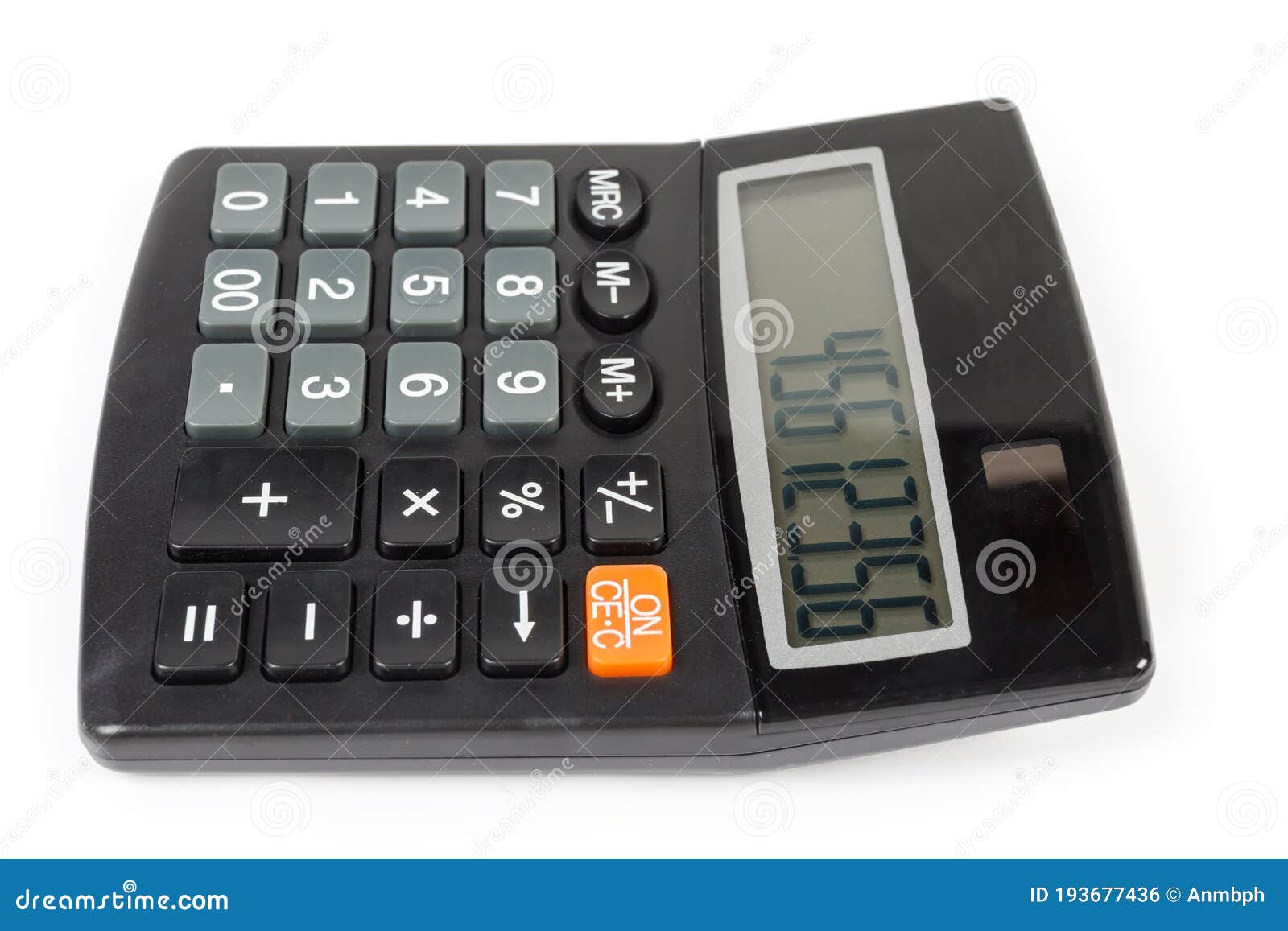 Electronic Desk Calculator on White Background, Side View Closeup