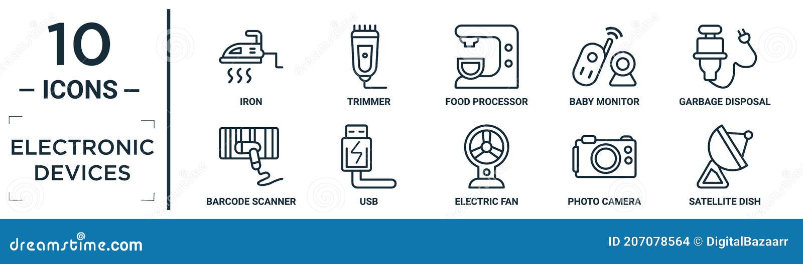 electronic.devices linear icon set. includes thin line iron, food processor, garbage disposal, usb, photo camera, satellite dish,