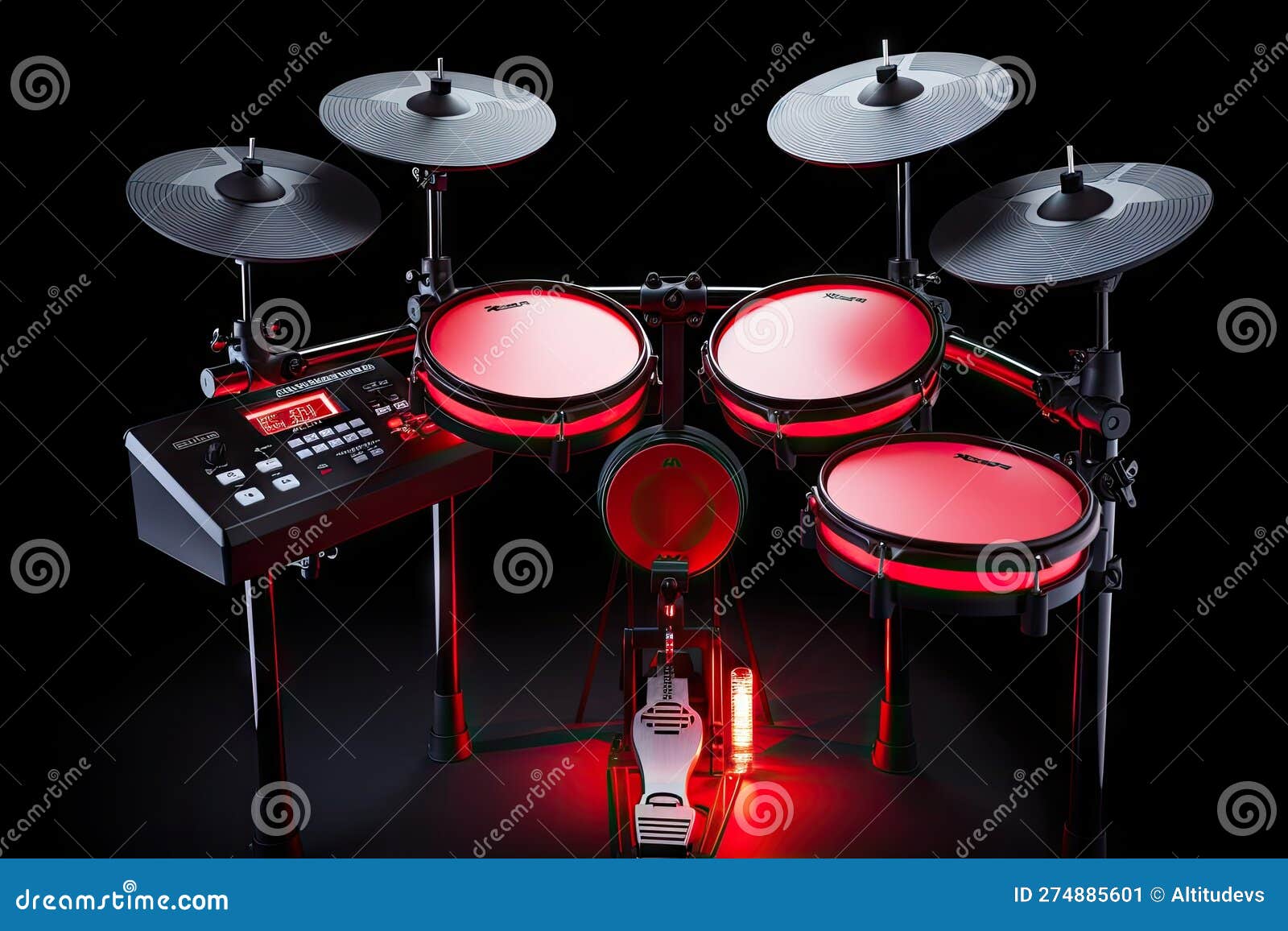 Electronic Drum Kit with Variety of Unique Sticks and Beat Patterns, Surrounded by Flashing