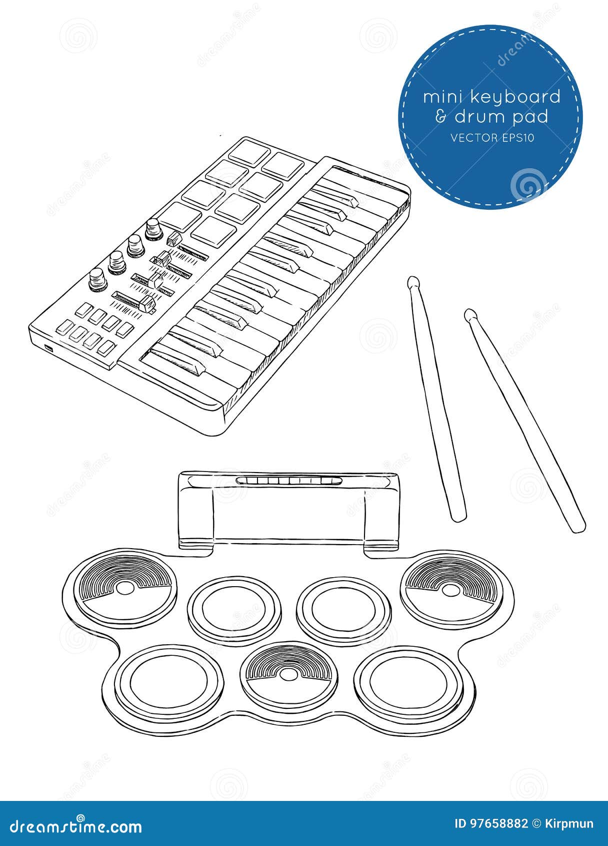 Electronic Drum Pad Kit and Mini Keyboard Sketch Vector. Stock Vector