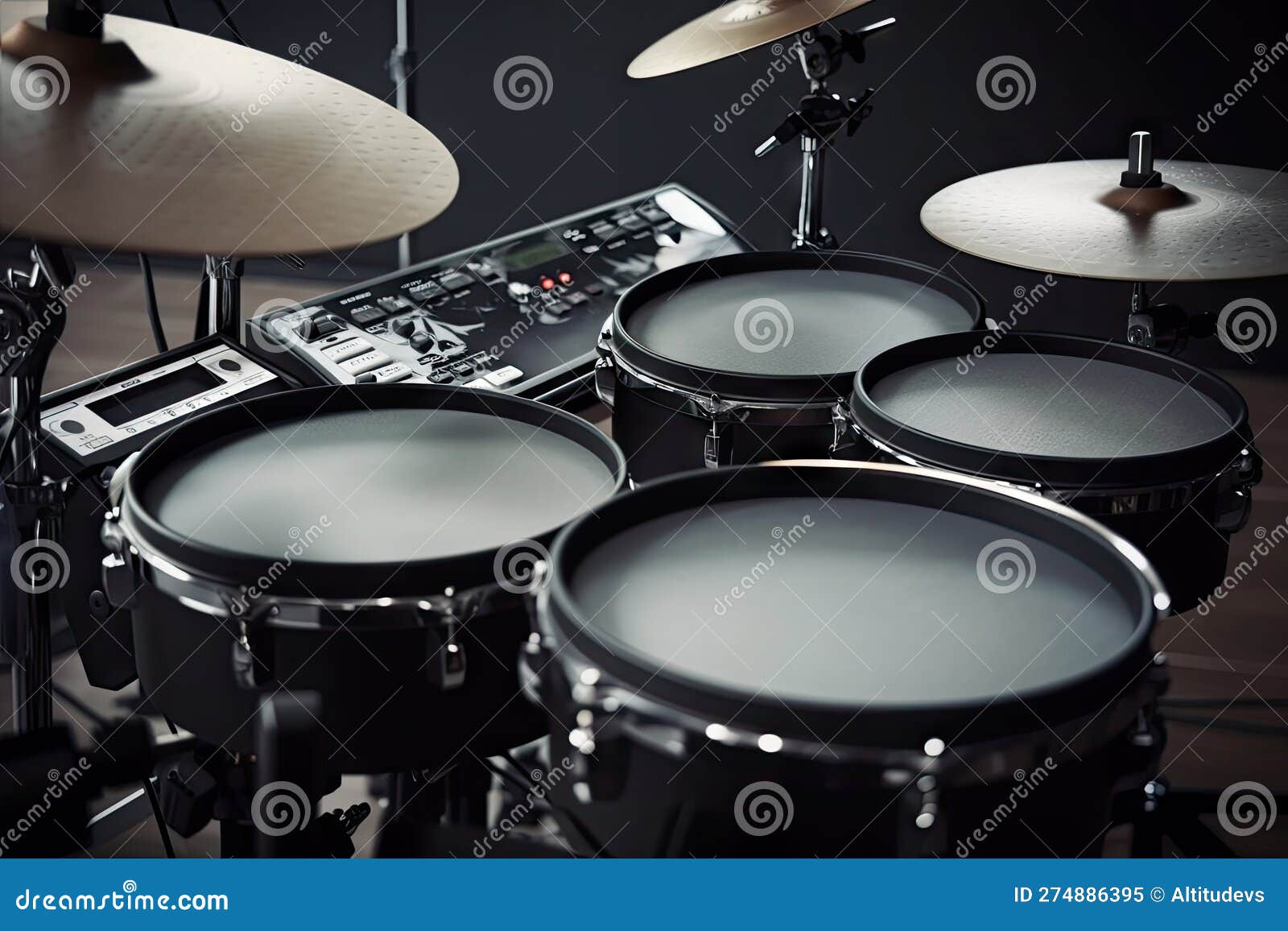 Electronic Drums Set, with Drumsticks and Cymbals Visible in the Shot