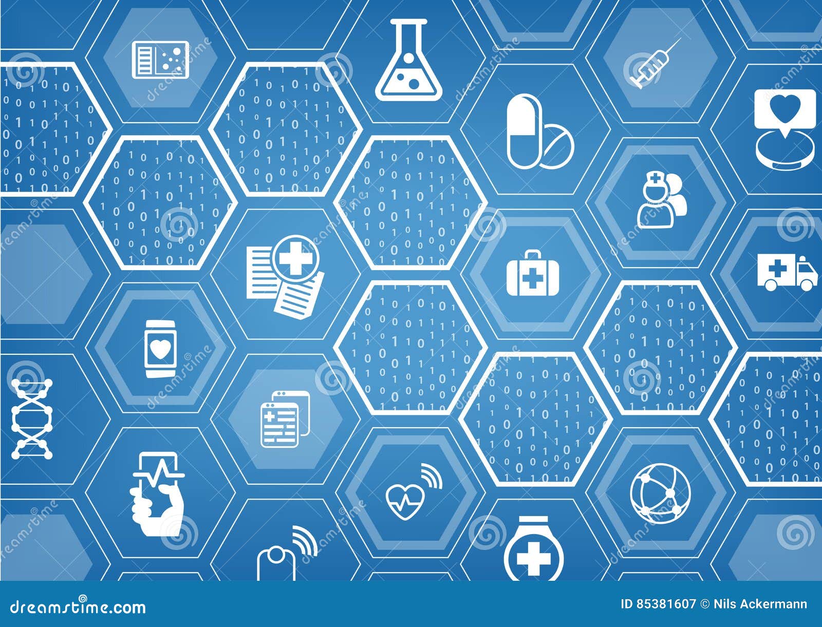 electronic e-healthcare blue background with hexagonal s