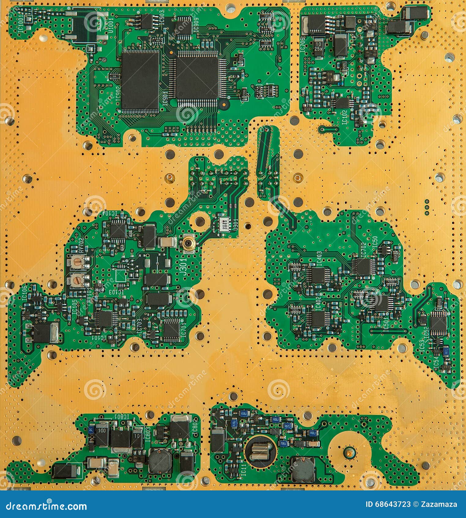 Electronic Gold Plated Circuit Board with Microchips and Transistors