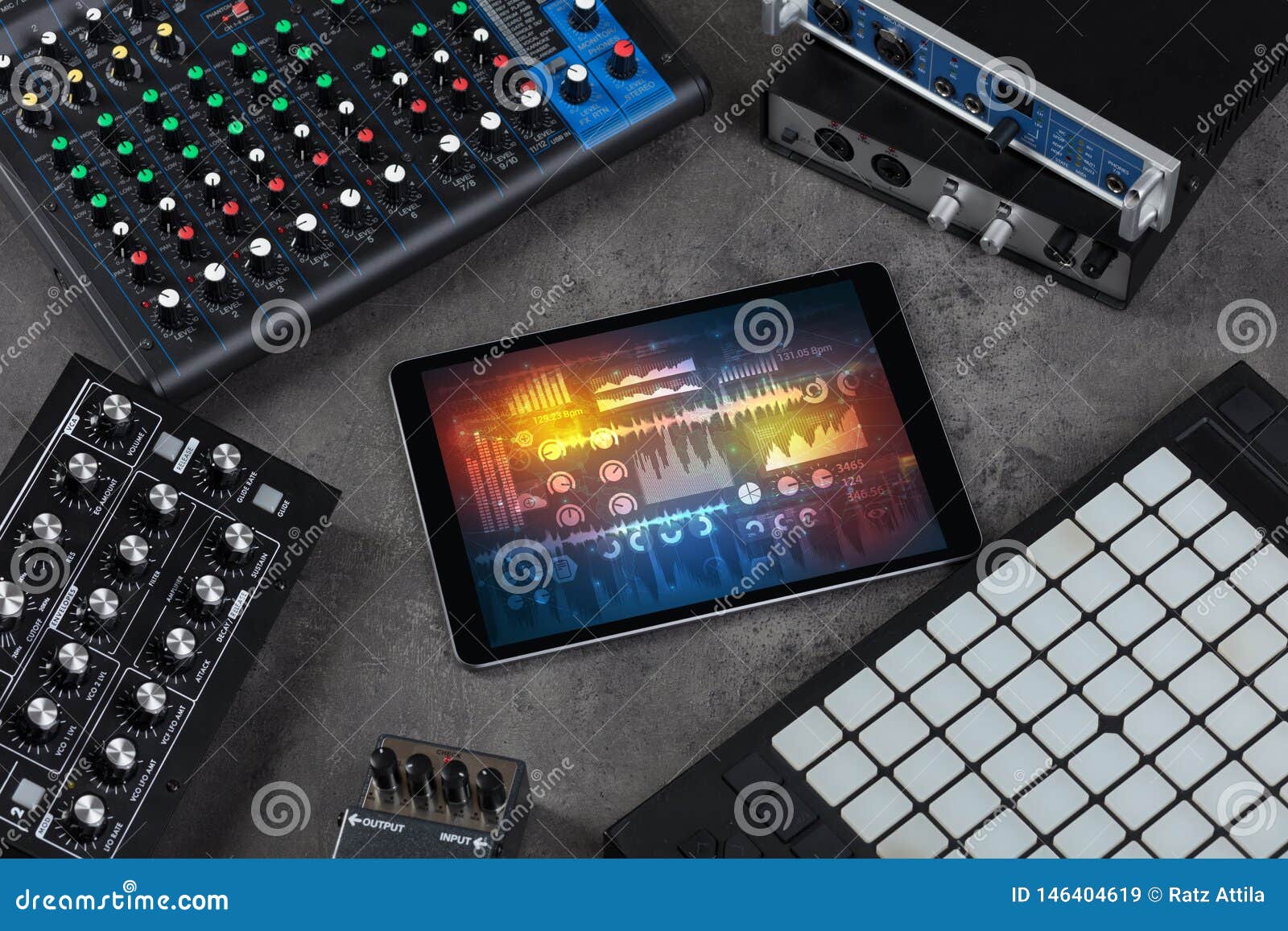 Electronic Music Instruments and Tablet with Reports Concept Stock