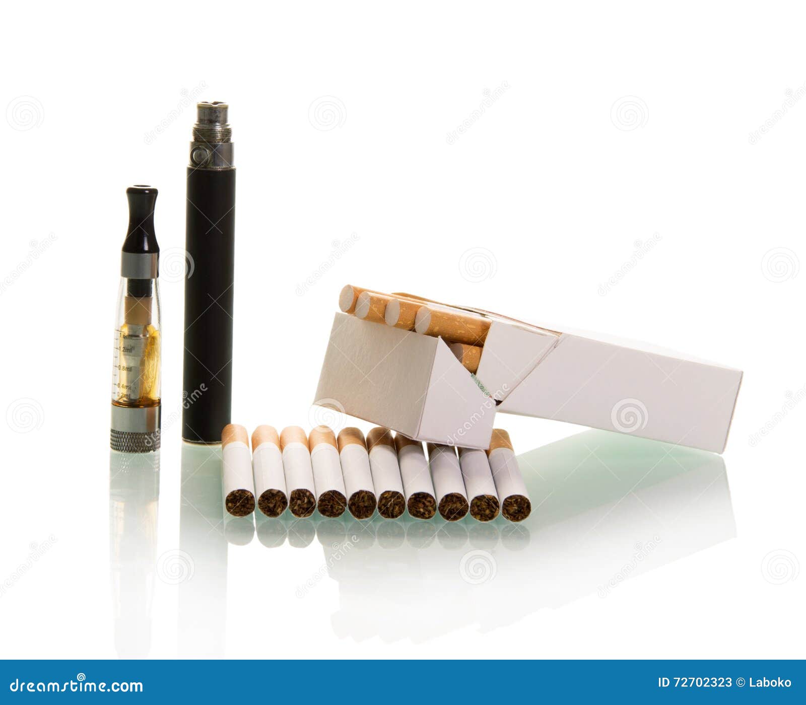 Electronic and Pack of Cigarettes with Filter Isolated on White. Stock