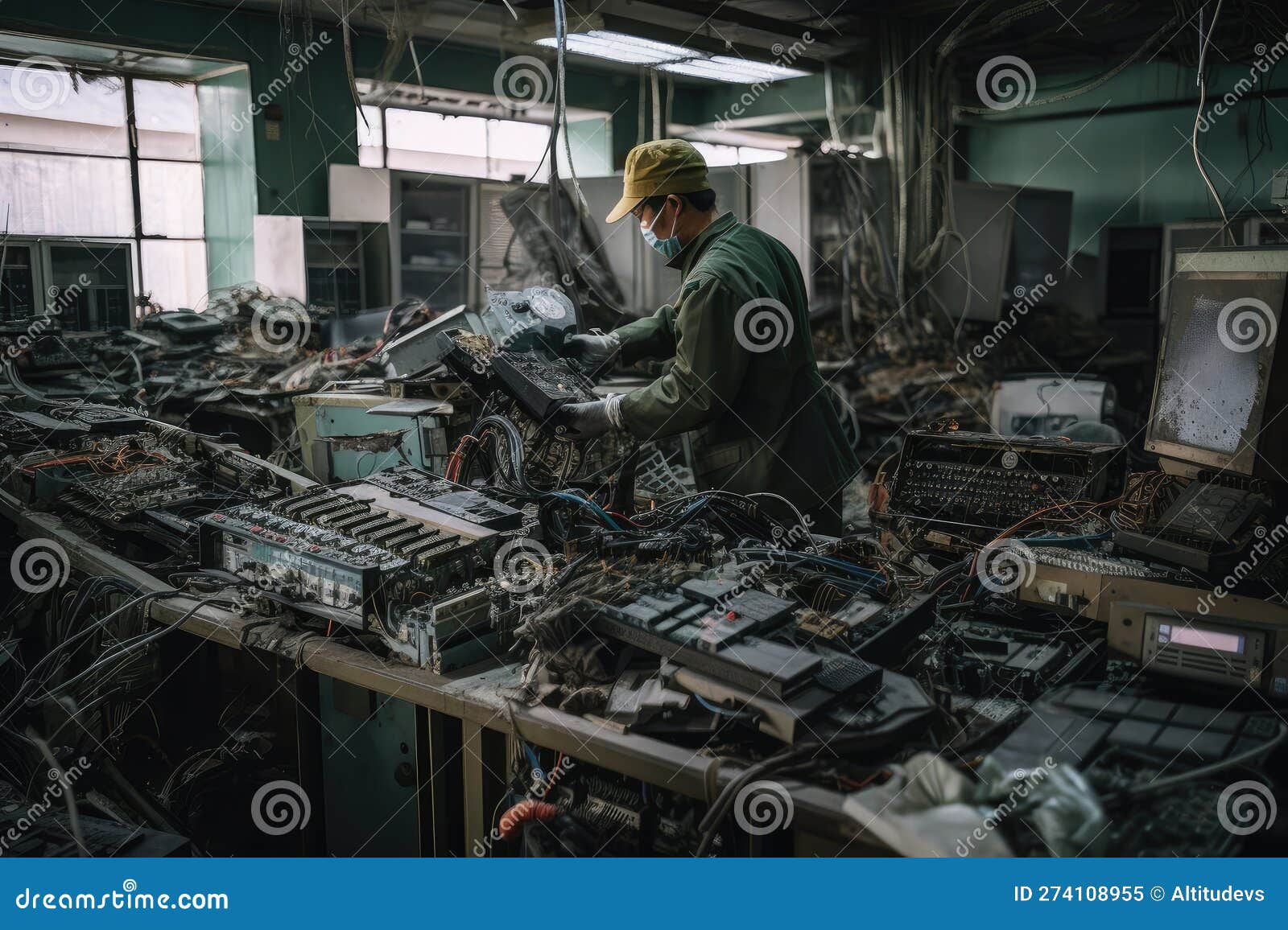 Electronic Recycling Facility, with Workers Dismantling and Disposing