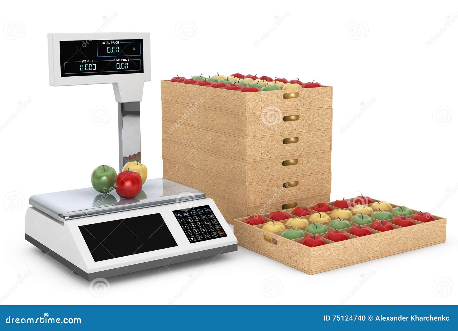 Electronic Scales for Weighing Food with Apples Boxes. 3d Render Stock