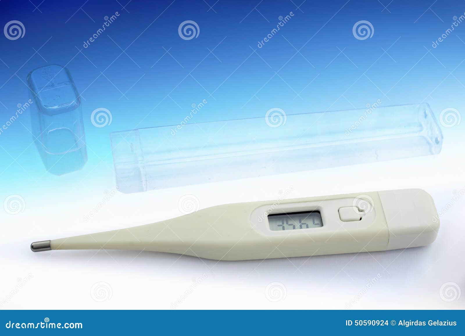 Electronic thermometer with case in a blue white gradient background
