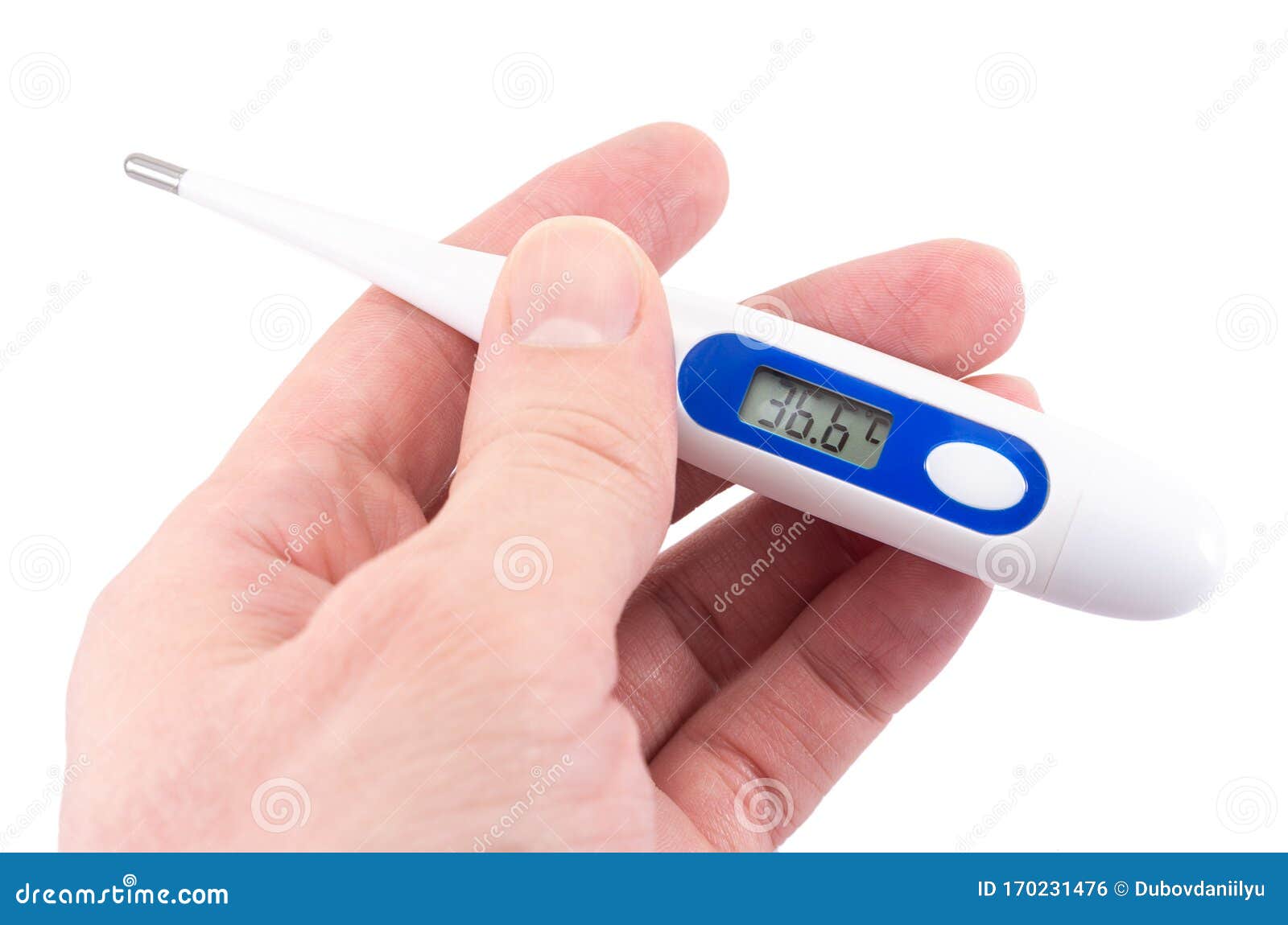 Electronic Thermometer In Human Hand Isolated On White Background