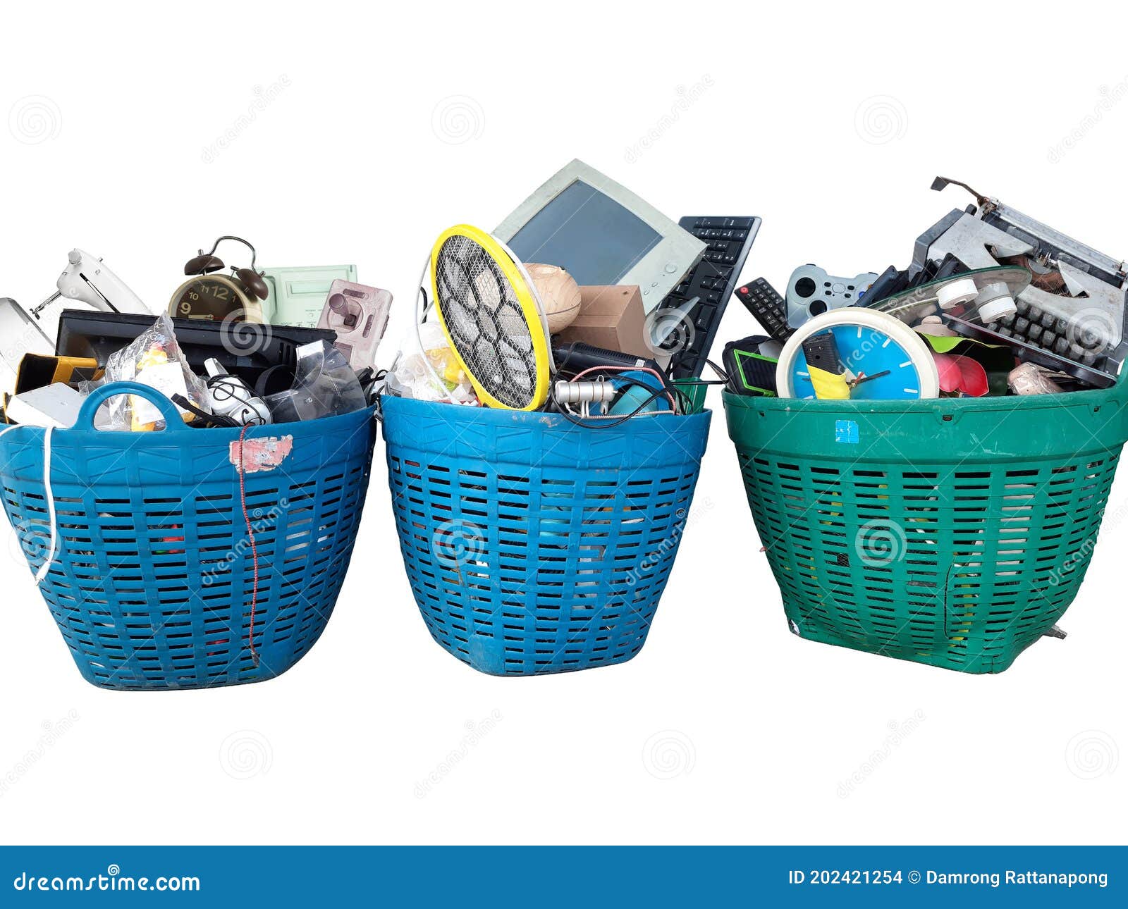 Electronic Waste Broken or Damage in Dustbin Isolated on White Background, Ewaste is an