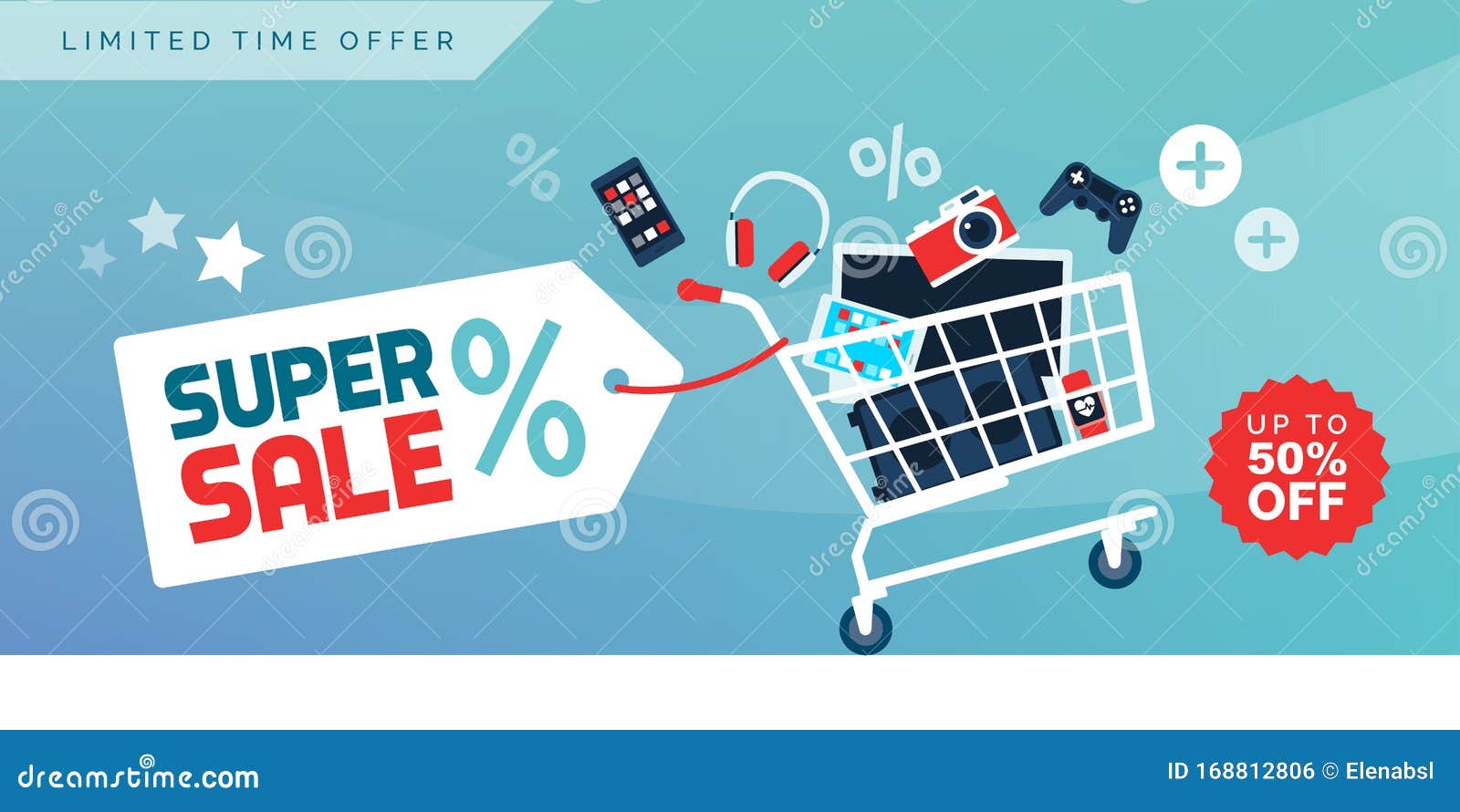 electronics promotional sales banner with shopping cart
