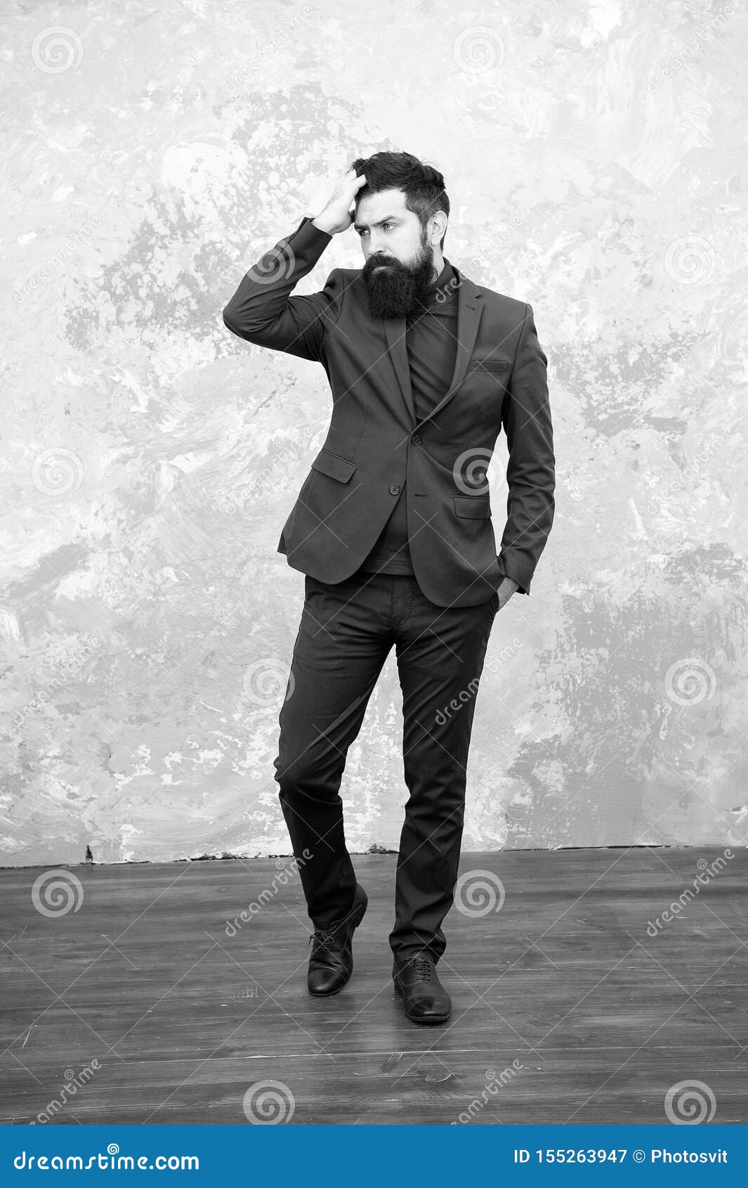 Classy style. Man bearded hipster wear classic suit outfit. Formal