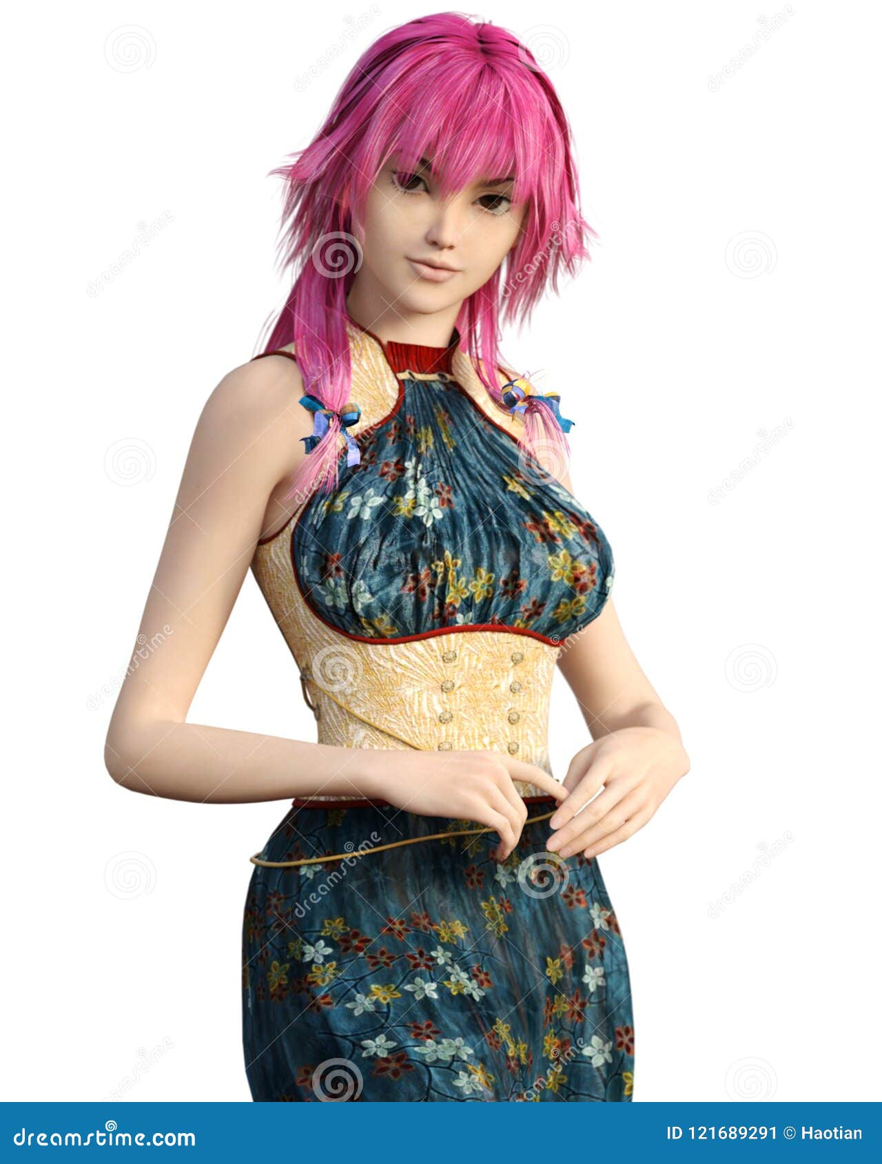 Sweet Anime Girl Posing In Asian Dress Stock Illustration