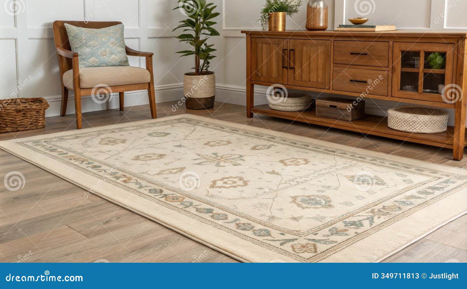 an elegant area rug lays underfoot its subtle patterns enhancing the clean lines of the wooden furniture and