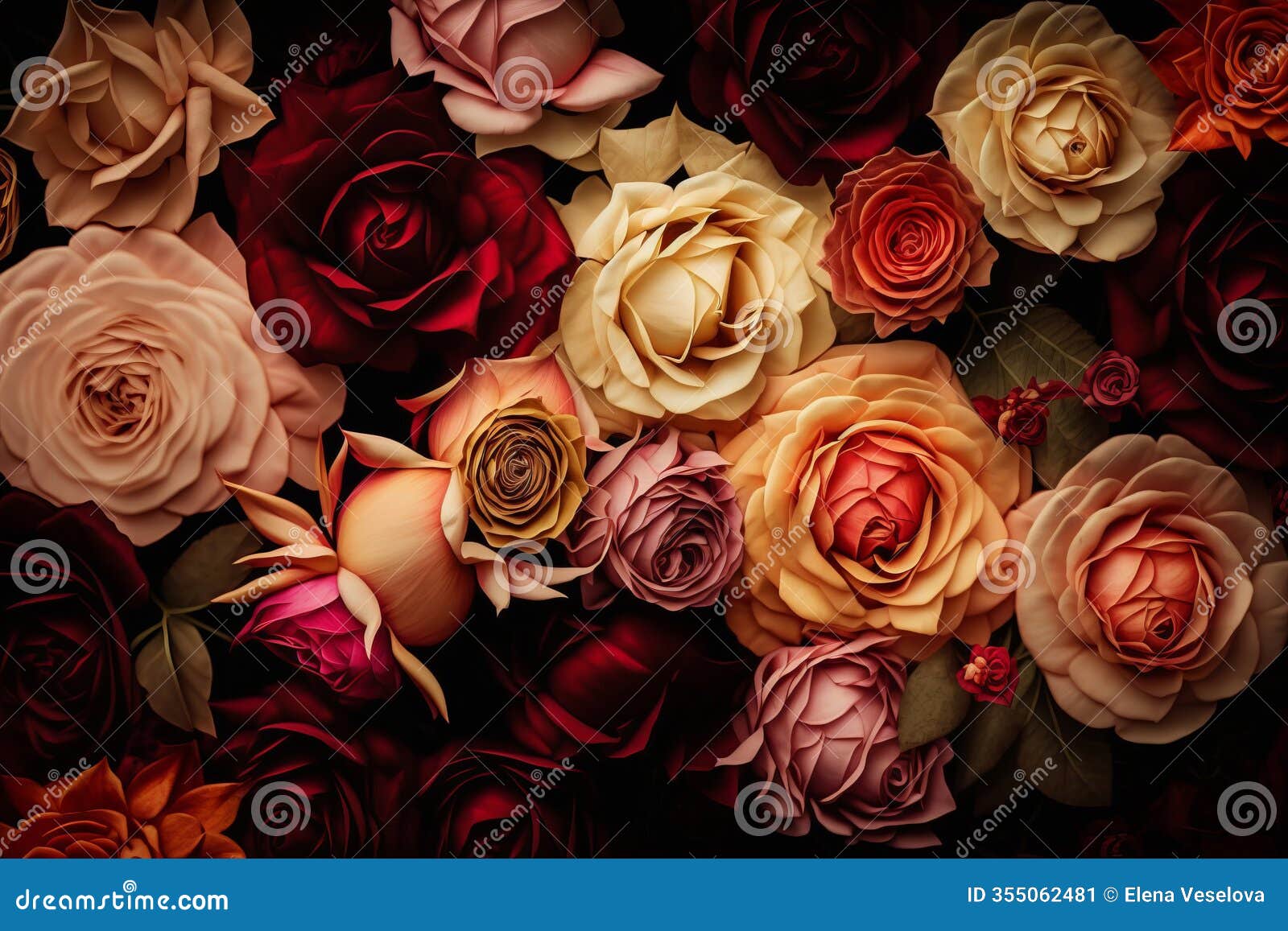 elegant assortment of roses in soft tones filling the frame, floral background