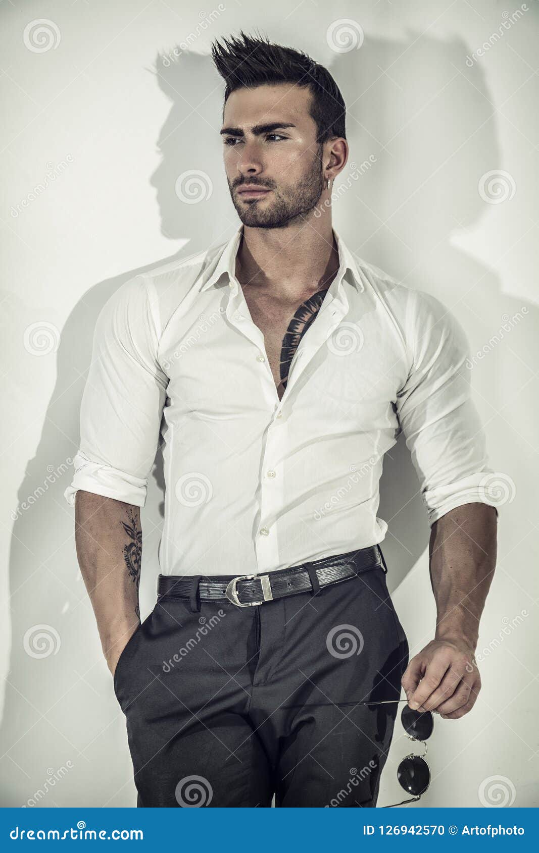 Elegant Attractive Man with White Shirt on White Stock Photo - Image of ...