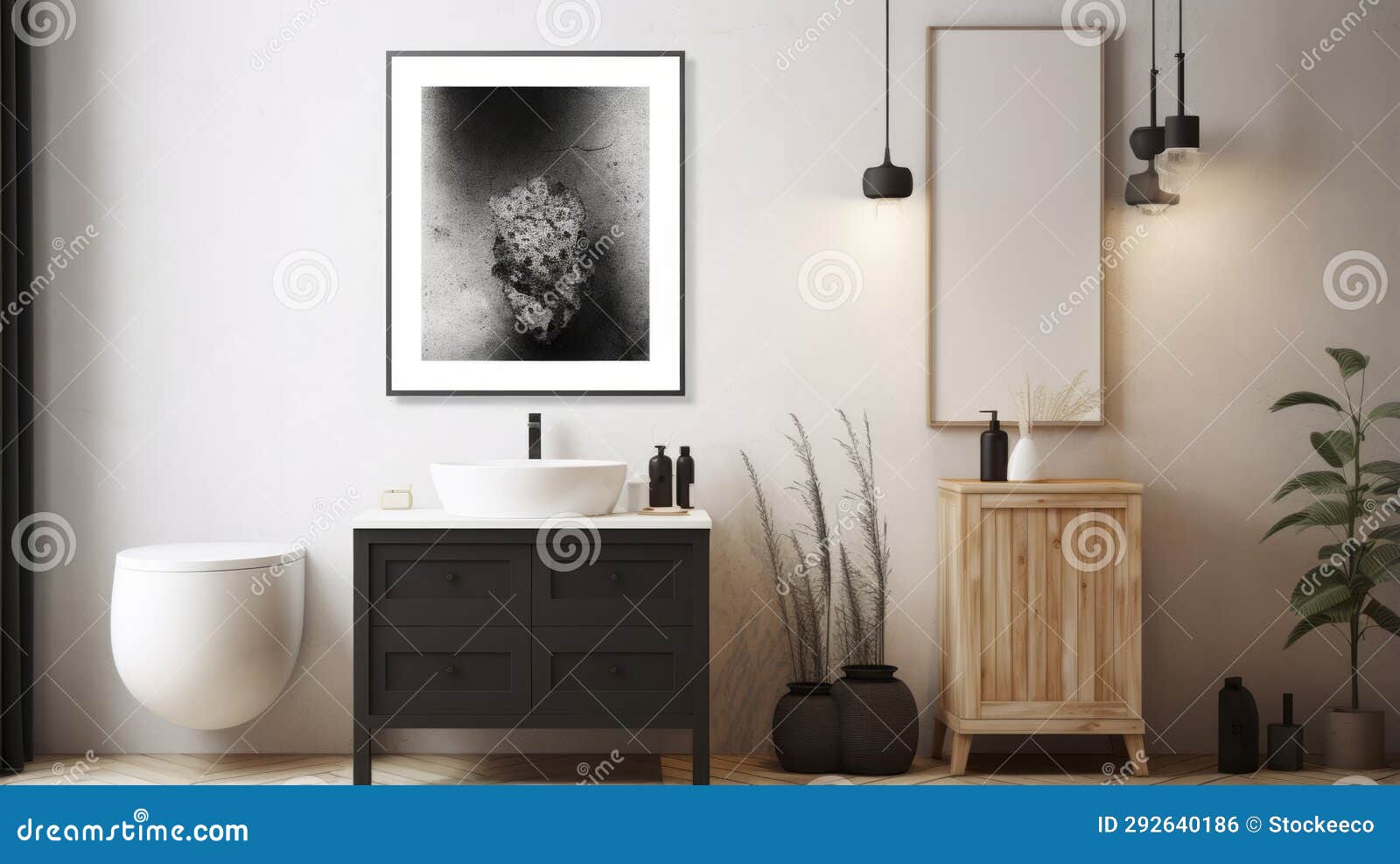 elegant bathroom with art print: black and white photography