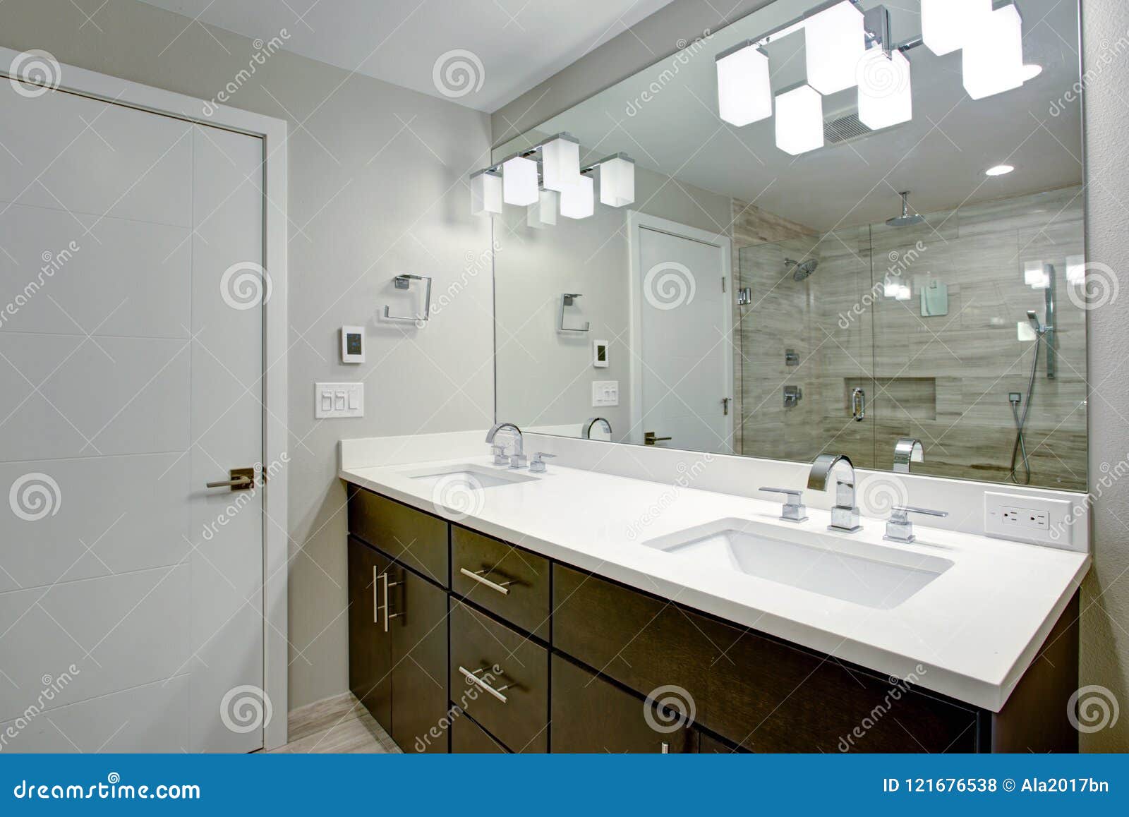 Elegant Bathroom With Espresso Double Vanity Stock Photo Image