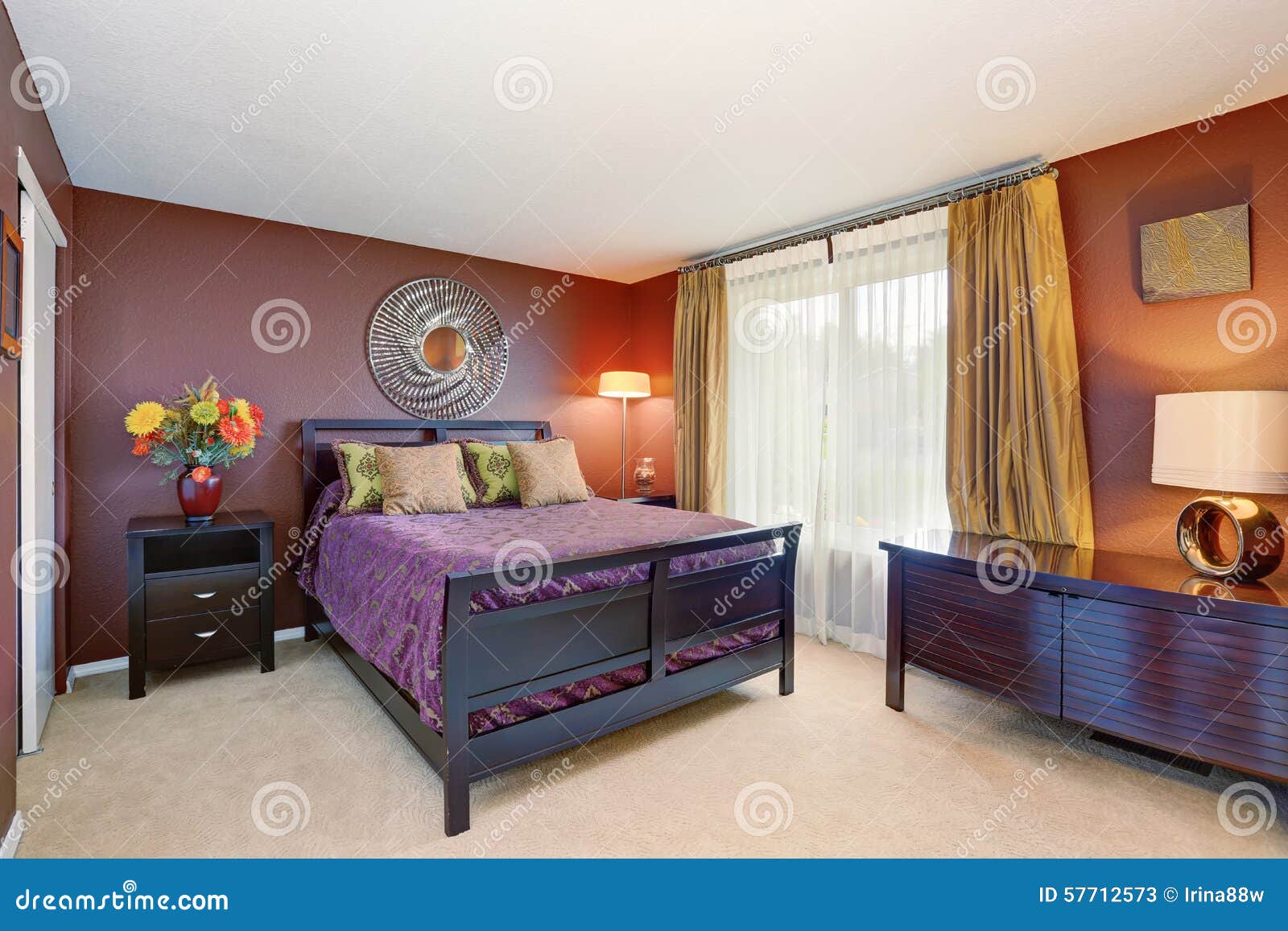 Elegant Bedroom Interior with Purple and Red Tones. Stock Image Image