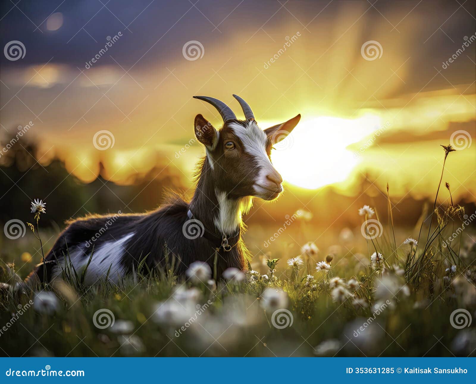 elegant black and white silhouette of a goat resting in a field of flowering grass capra aegagrus hircus