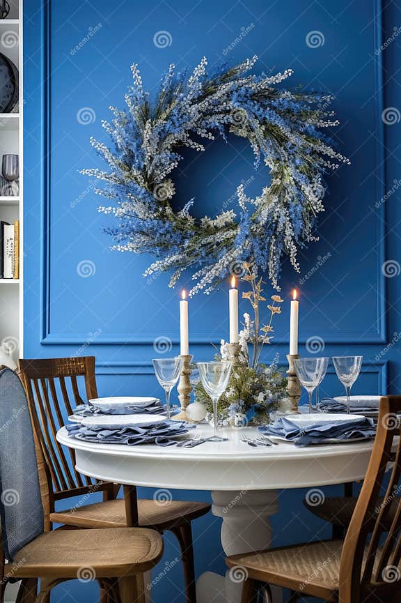 Elegant Blue Dining Room with Winter Wreath Stock Photo Image of