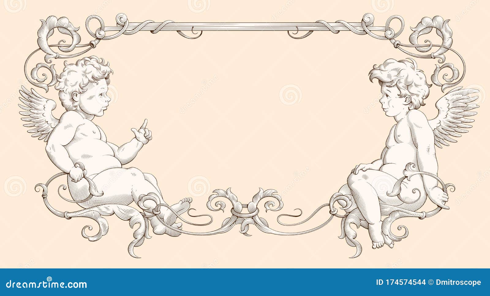 elegant border frame with cupids for wedding, valentine`s day and other holidays. style of vintage engraving with baroque ornament