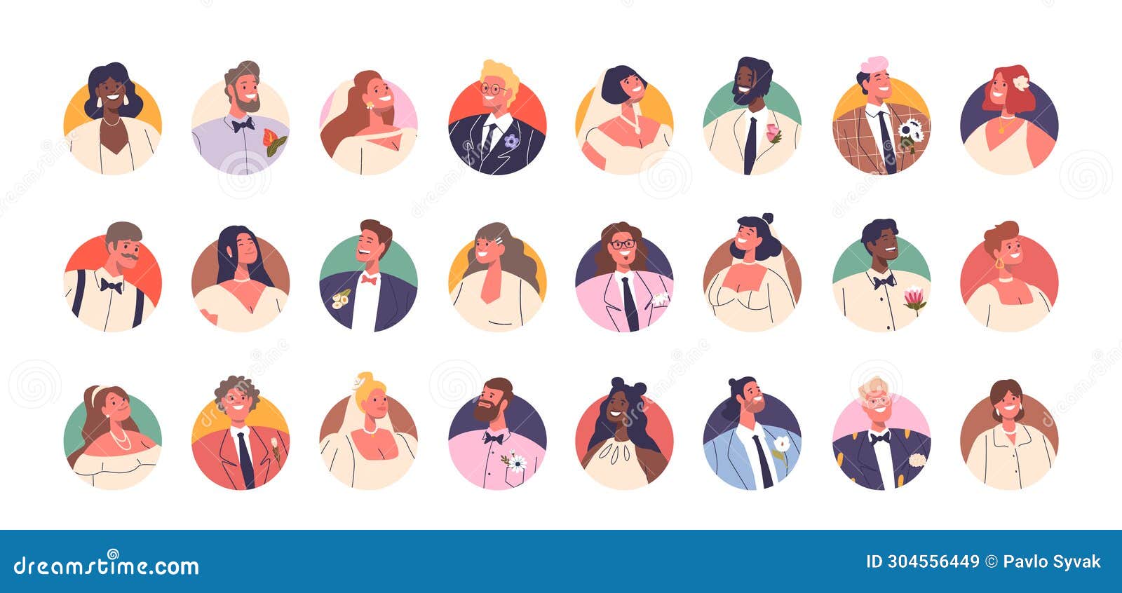 elegant bride and groom avatars  set, featuring intricate details, stylish attire, and joyful expressions