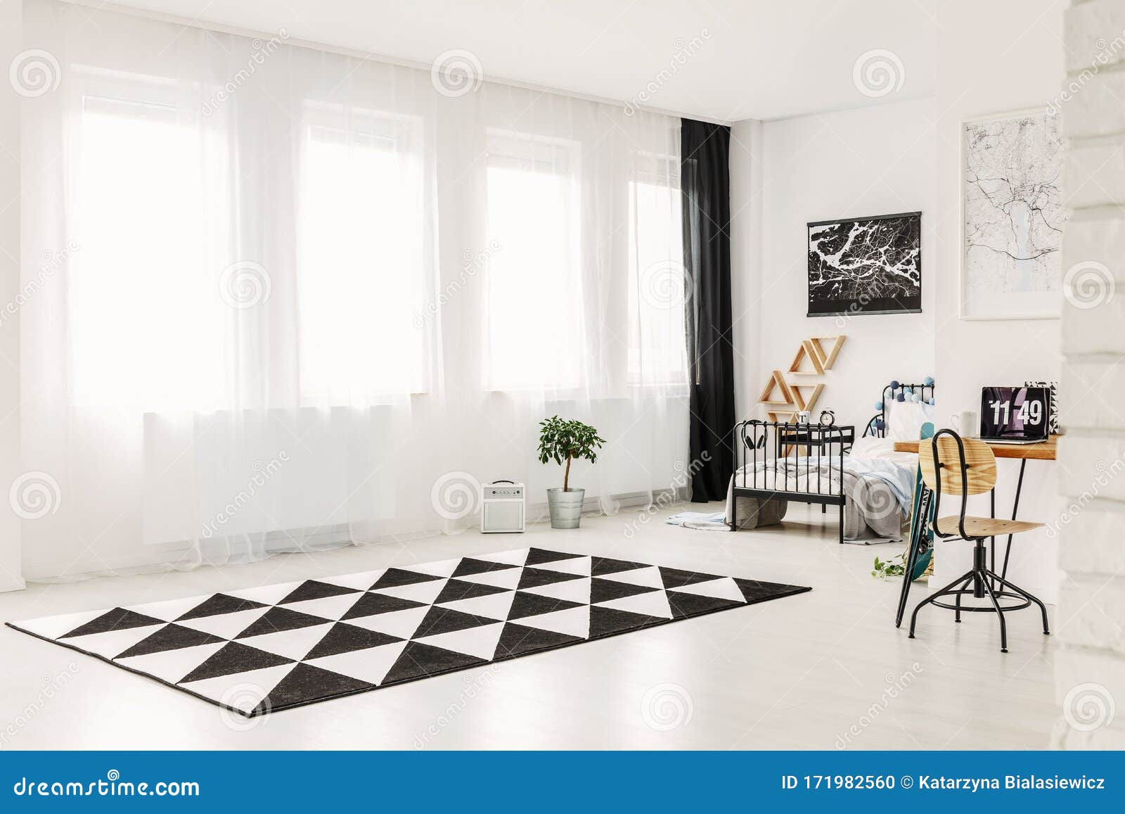 Elegant Bedroom Interior with Copy Space and Black and White Patterned