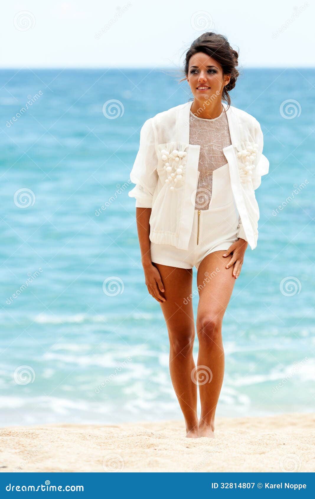 Elegant Brunette In White On Beach Stock Image Image Of Beautiful