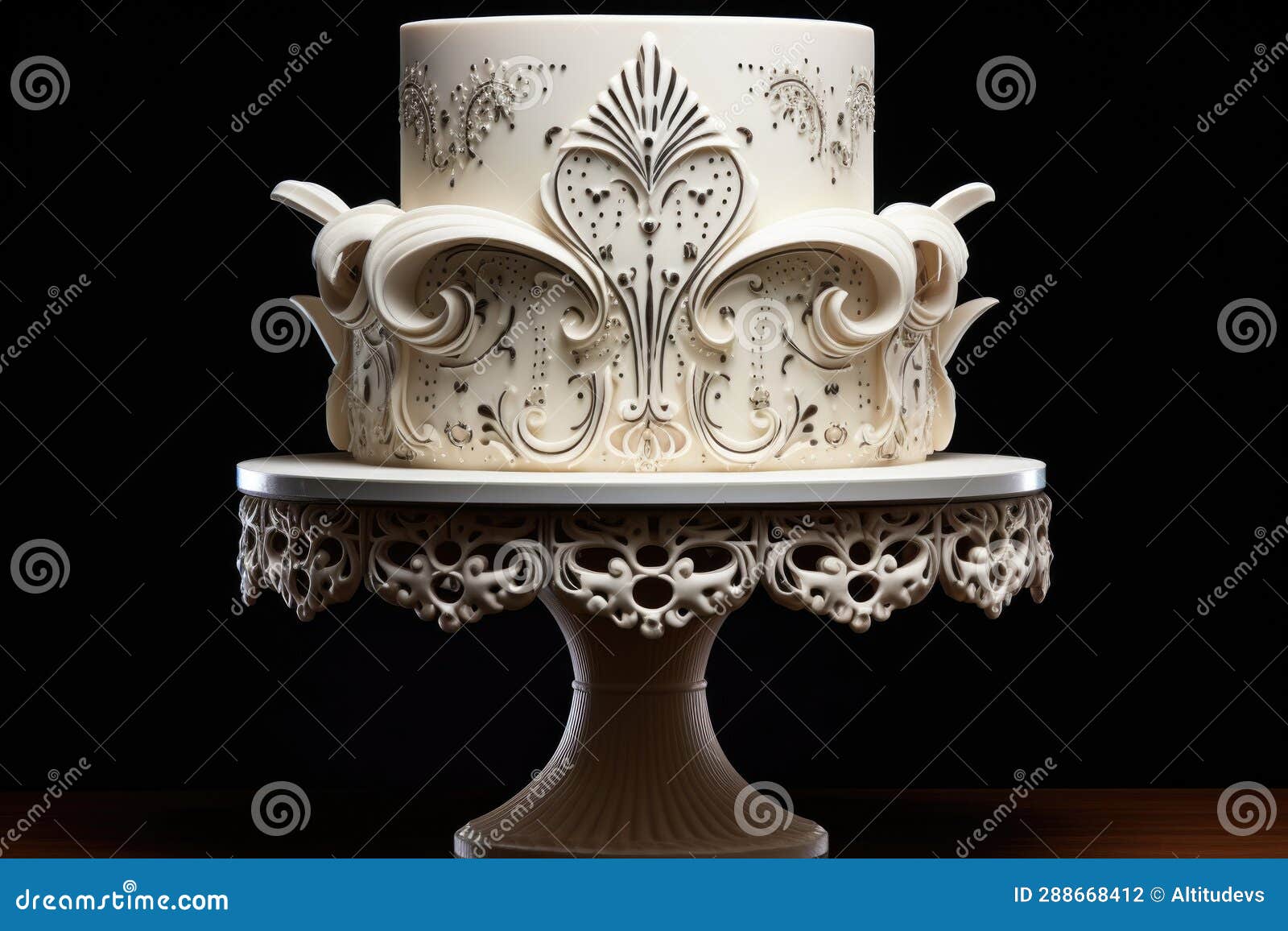 Elegant Cake with Intricate Icing Designs on a Stand Stock Photo
