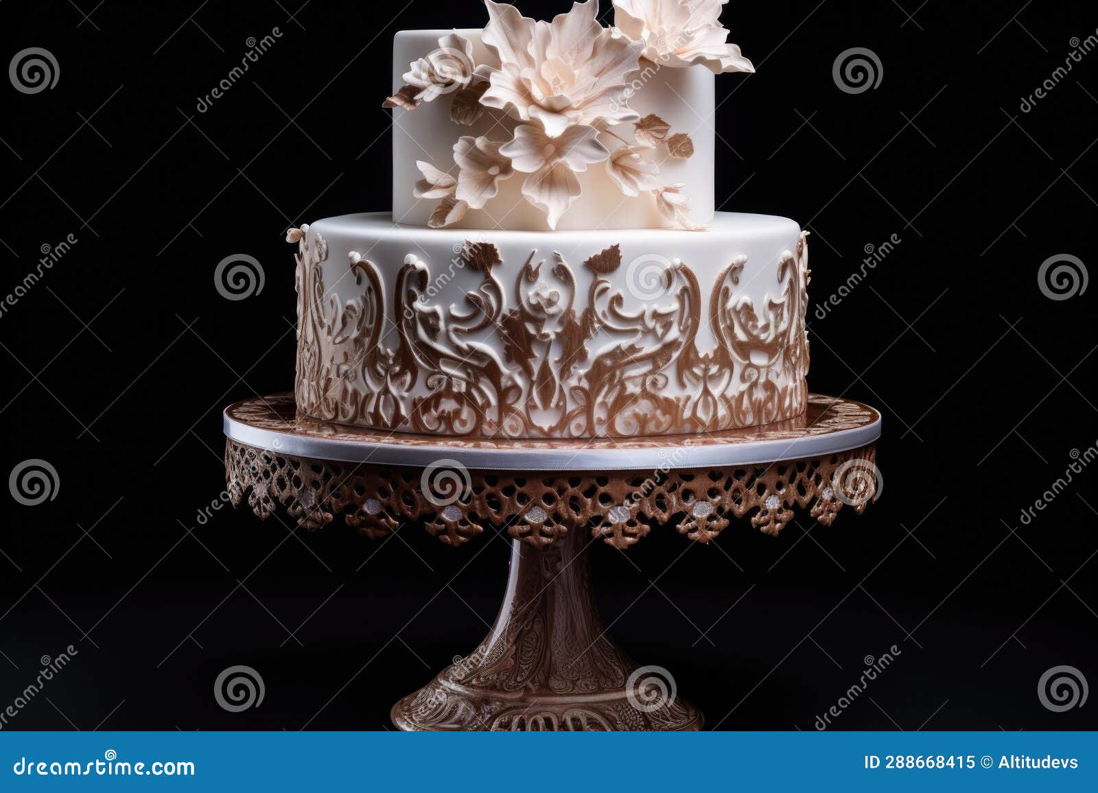 Elegant Cake with Intricate Icing Designs on a Stand Stock Image