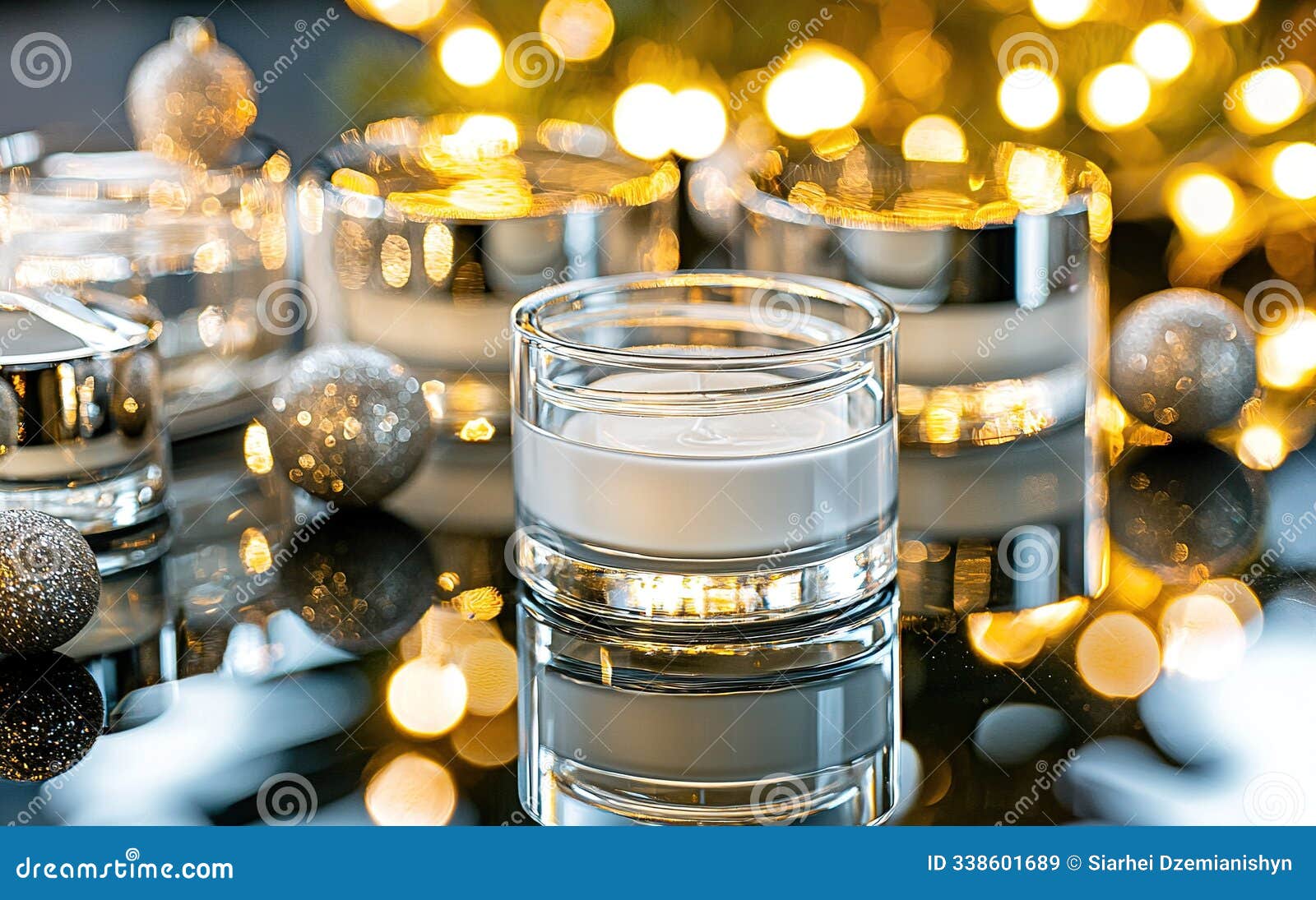 elegant candle display with shimmering reflections surrounded by festive lights for a cozy evening ambiance