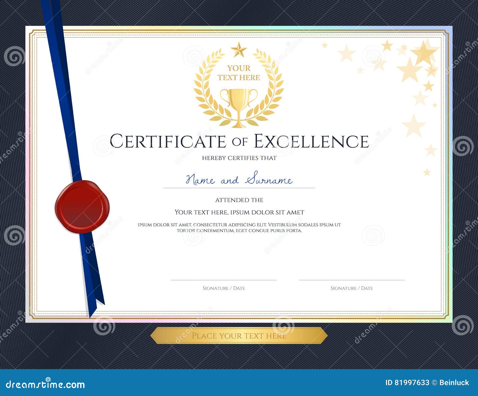 elegant certificate template for excellence, achievement, appreciation or completion on blue border background