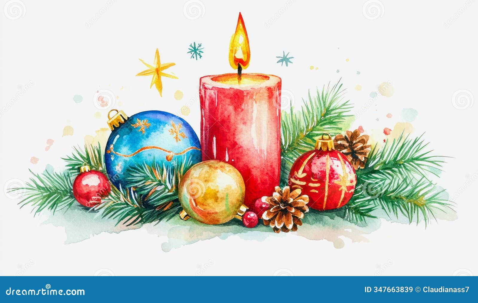elegant christmas candle adorned with ornaments and pine branches in watercolor style. generative ai
