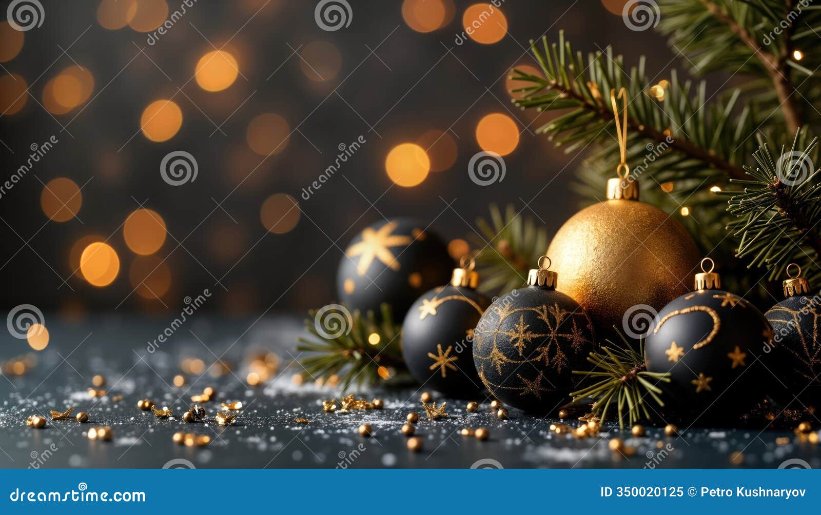 elegant christmas decor with golden, black ornaments. festive holiday balls with golden patterns on dark background. spruce